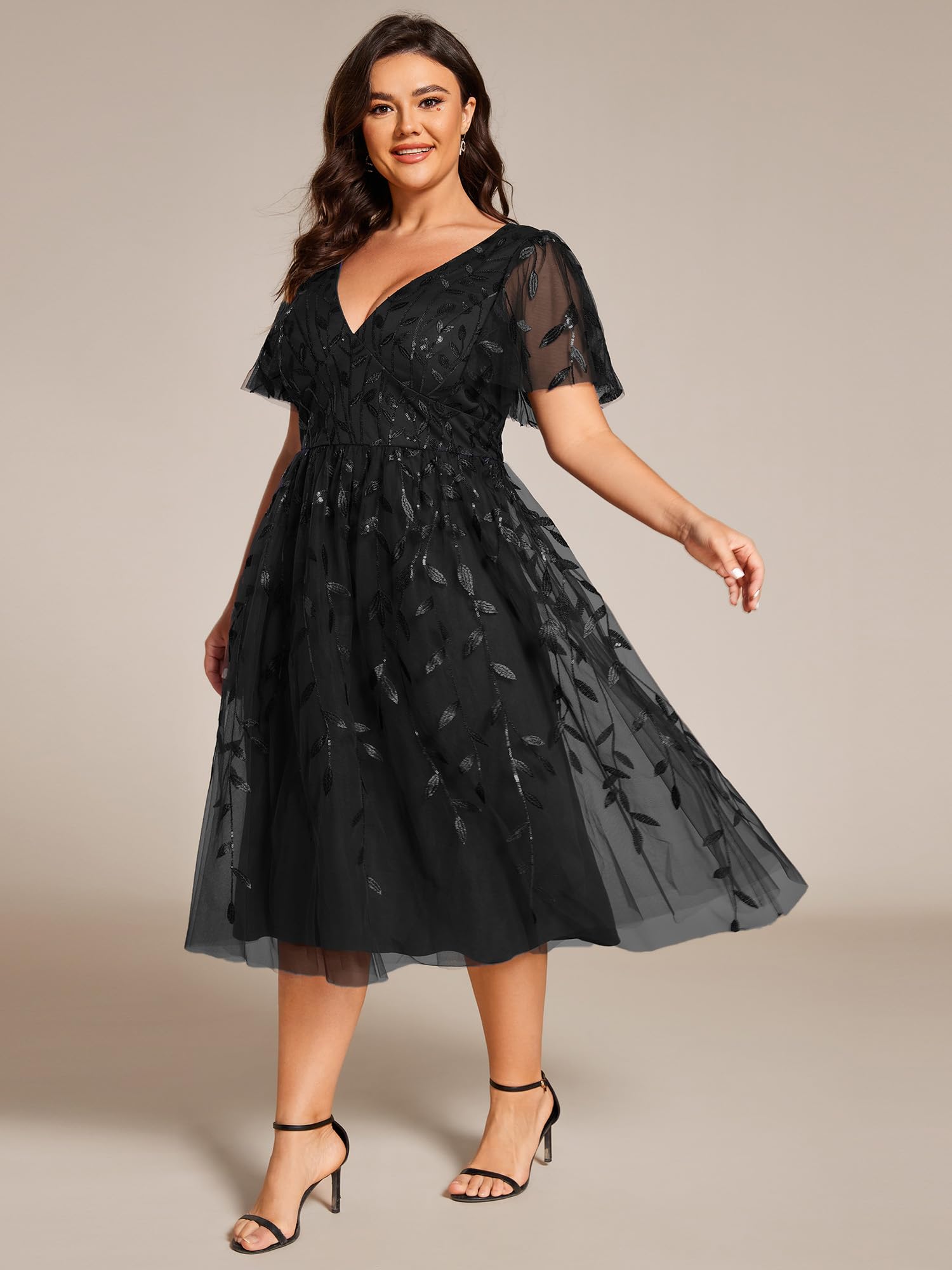 Ever-Pretty Women's Plus Size V-Neck Short Sleeve Embroidered Sequin Cocktail Dress with Empire Waist - Elegant Wedding Guest & Party Midi Dress (2230-DA) | Perfect for Bridal Showers, Evening Events & Special Occasions