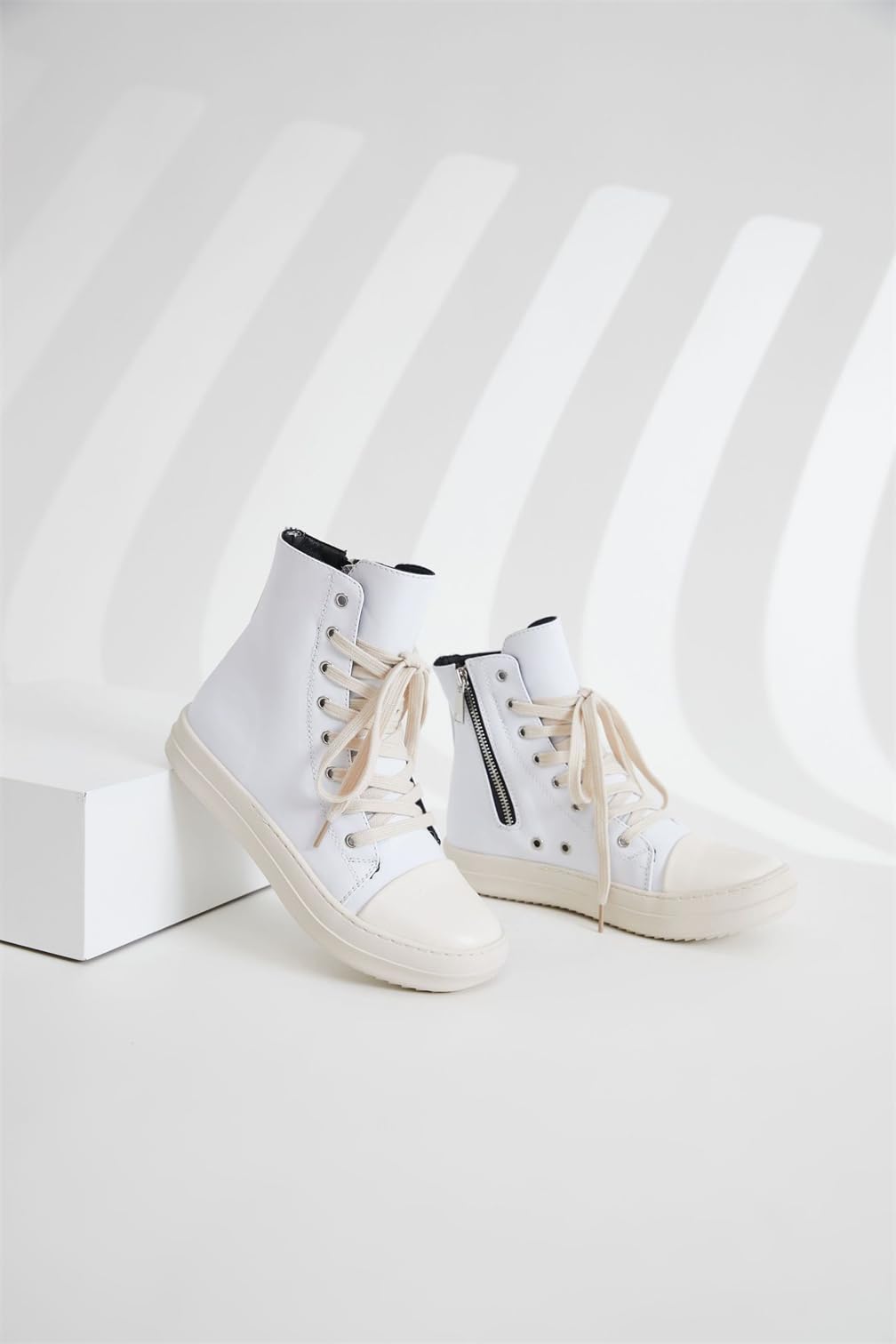 White Board Sneakers - Round Toe Casual Sports Shoes with Thick Sole | Muffin Style Flat Canvas High-Top Shoes for Travel & Walking | Perfect for School, Work & Outdoor Activities