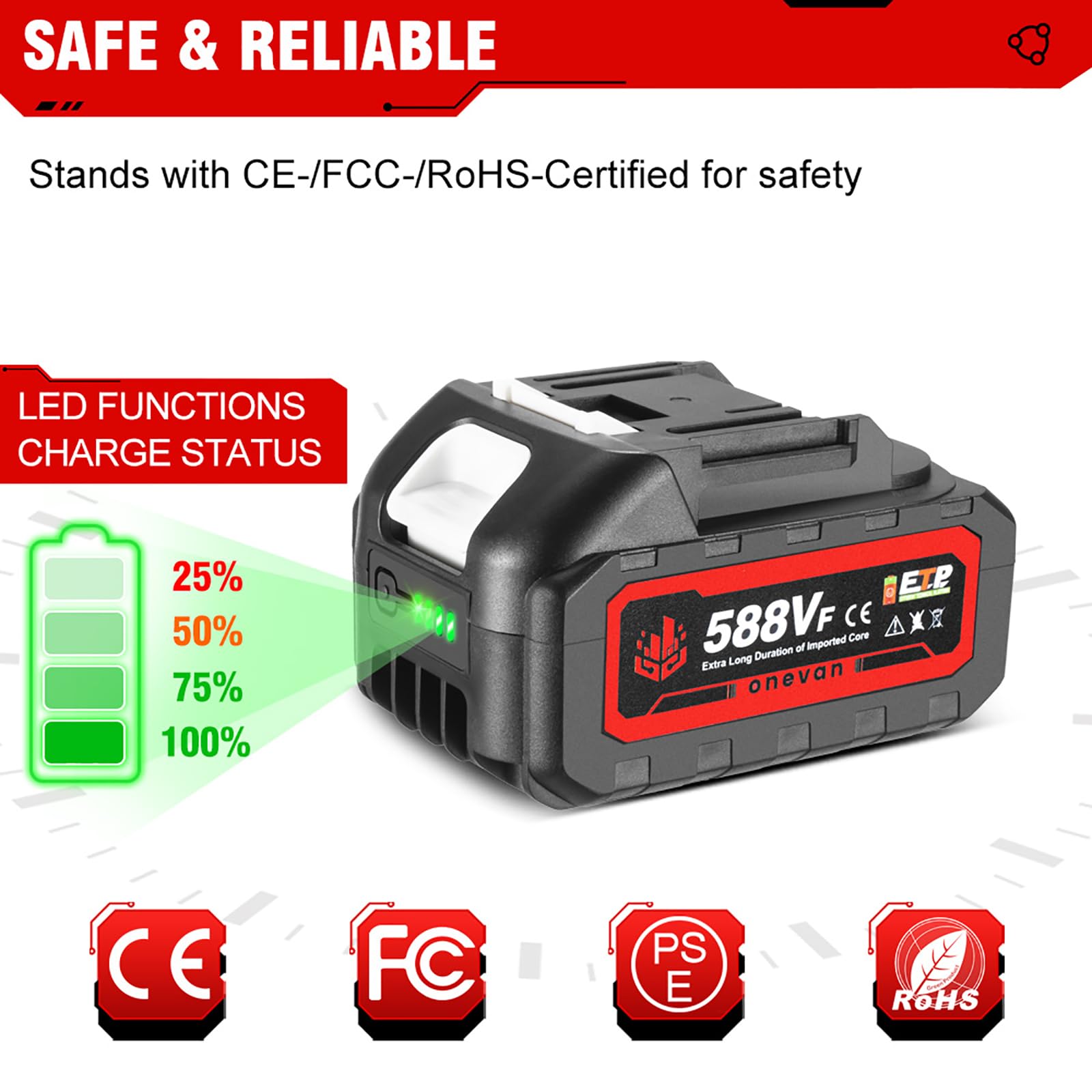 ONEVAN 3.0Ah Lithium-Ion Battery & Charger Set with LED Indicator - Replacement Battery for All Onevan Power Tools | Compatible with Makita Batteries (1 Battery + Charger Included) - Perfect for Drilling, Sawing & DIY Home Improvement Projects