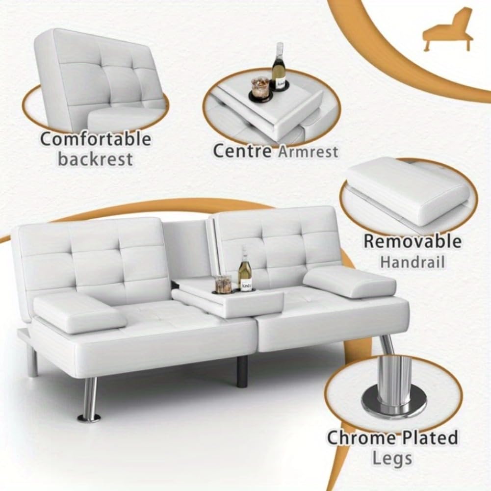 Wide Faux Leather Convertible Sofa Bed with Cup Holder - Adjustable Reclining Couch Sleeper for Living Room, Guest Room & Small Spaces - Modern Reversible Upholstered Recliner in White