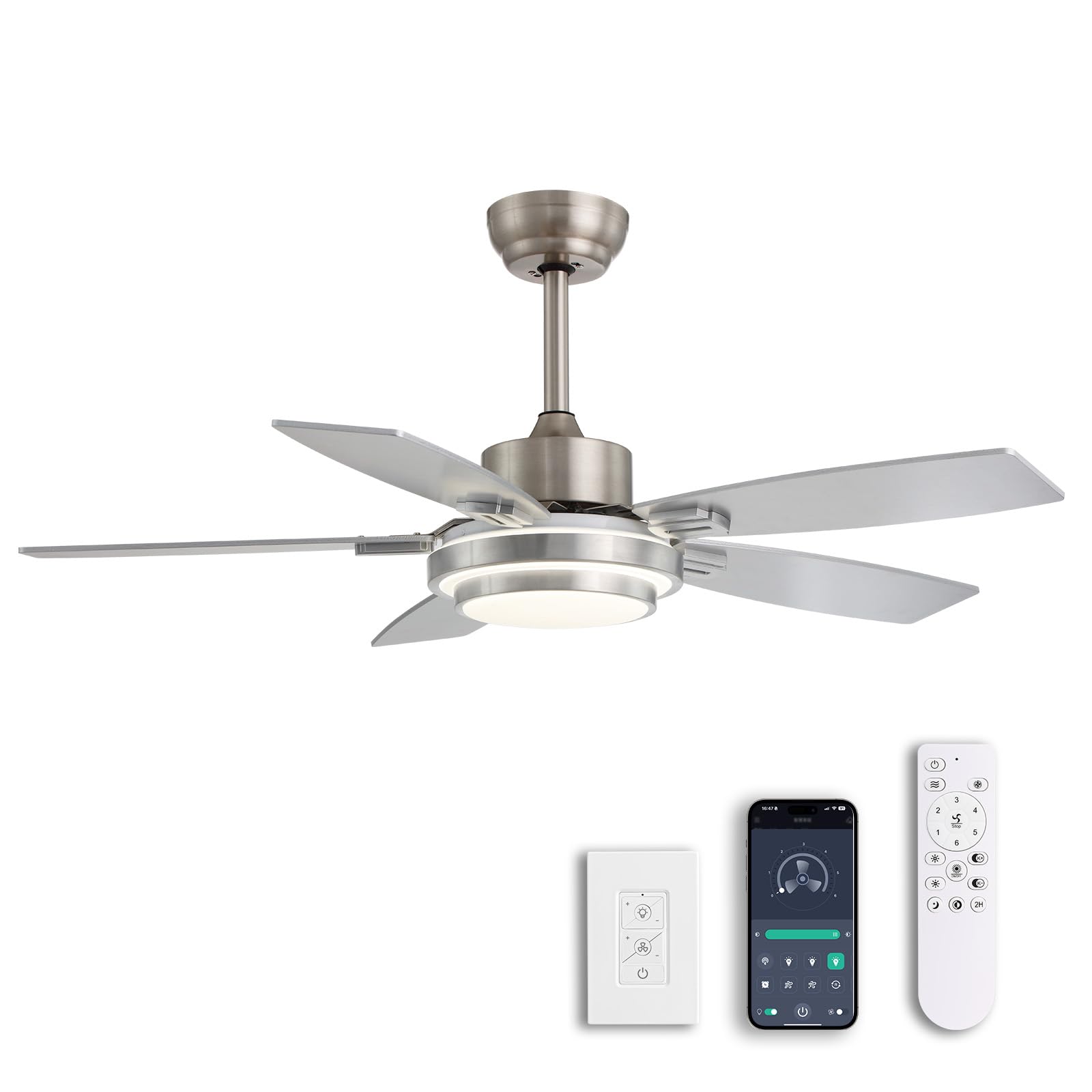 42 Inch Modern Nickel Ceiling Fan with Lights - Remote & APP Control, Quiet Reversible DC Motor, 3 CCT Dimmable LED - Perfect for Bedroom, Living Room, Patio, Indoor & Outdoor Use