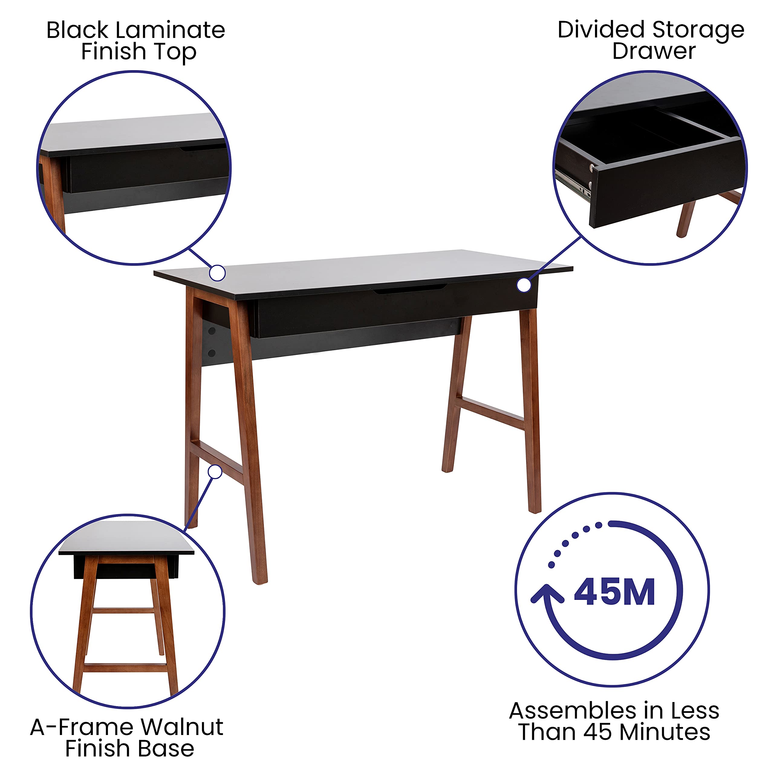 Emma & Oliver Modern Home Office Writing Computer Desk with Drawer - Black/Walnut Study Table for Small Spaces - Perfect for Remote Work, Online Classes & Crafting