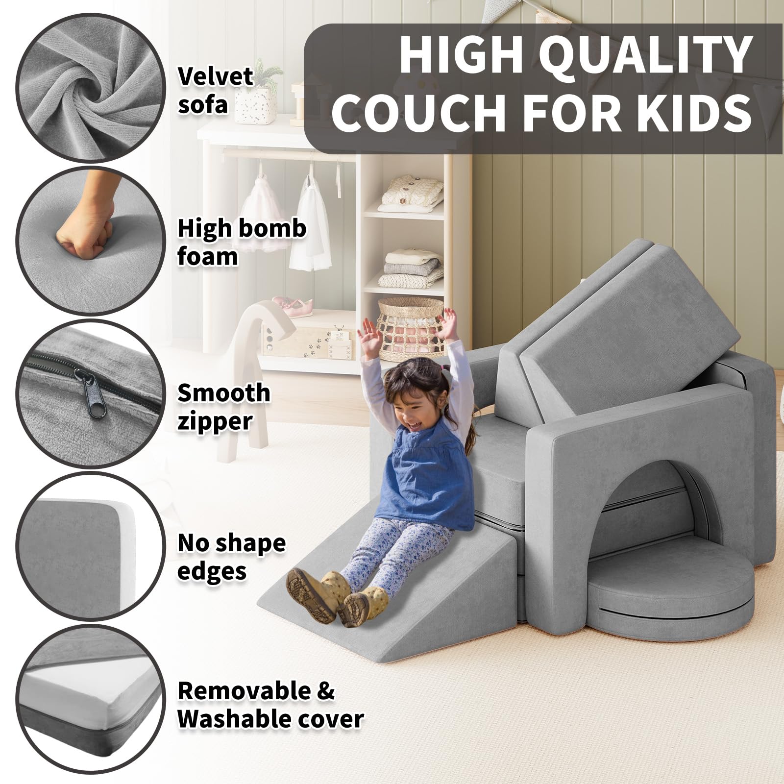 10PCS Modular Kids Play Couch - 10-in-1 Toddler Sofa with Climbing Slope for Boys & Girls | Creative Play, Climbing, Napping & Indoor Activities | Durable Gray Children's Furniture for Playroom, Bedroom & Daycare