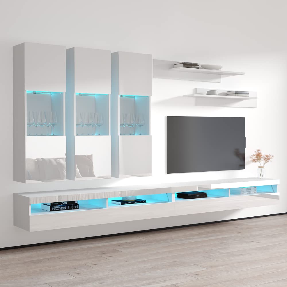 Modern Floating TV Stand with Storage & LED Lights - Wall-Mounted Entertainment Center Console for Bedroom & Living Room - White E2 35TV Stand with Shelves - Perfect for Small Spaces & Home Theater Setup