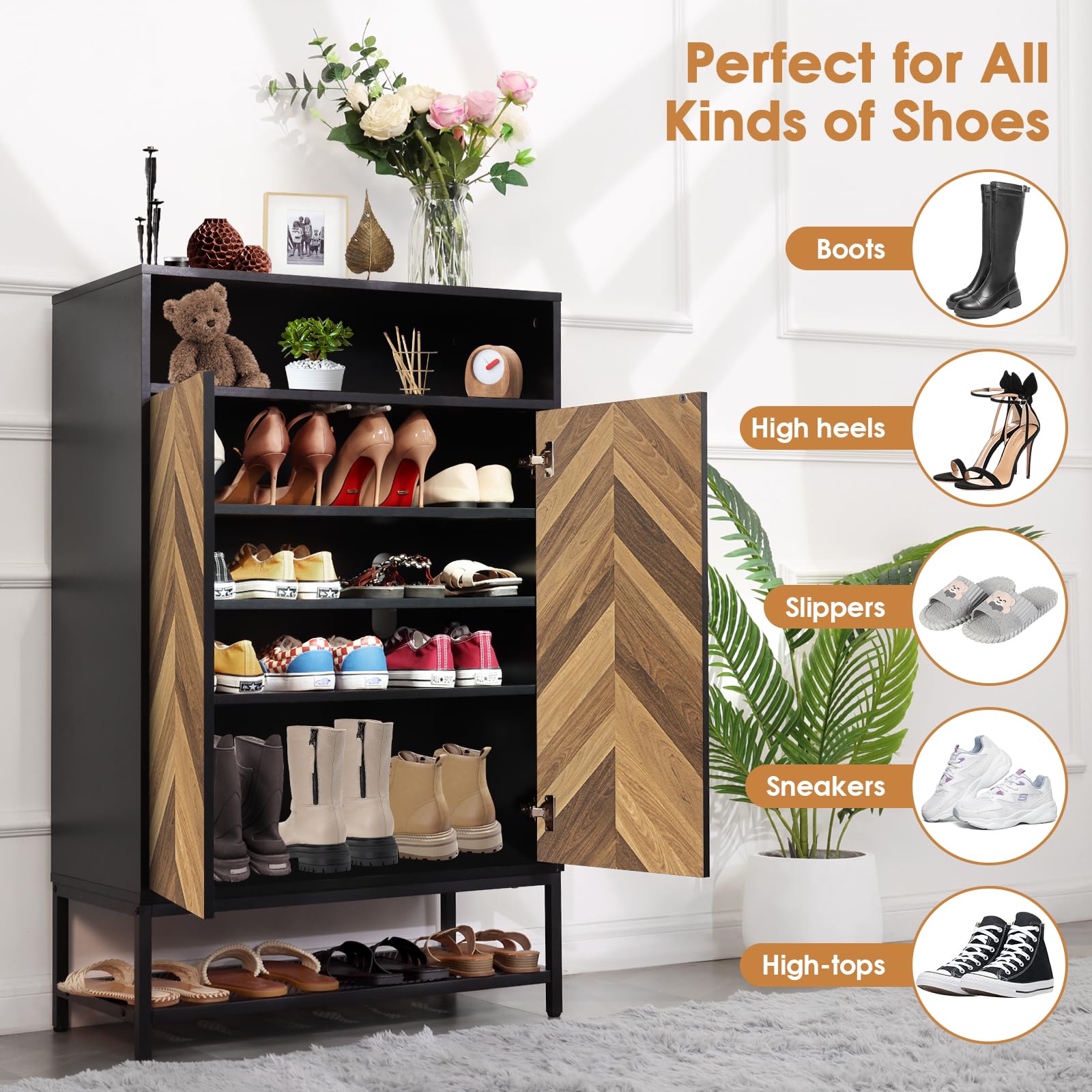 Homdox 7-Tier Shoe Storage Cabinet - Holds 24 Pairs with Doors & 3 Adjustable Shelves, Wooden Shoe Organizer for Entryway, Hallway, Living Room - Perfect for Small Spaces & Home Organization (Black)