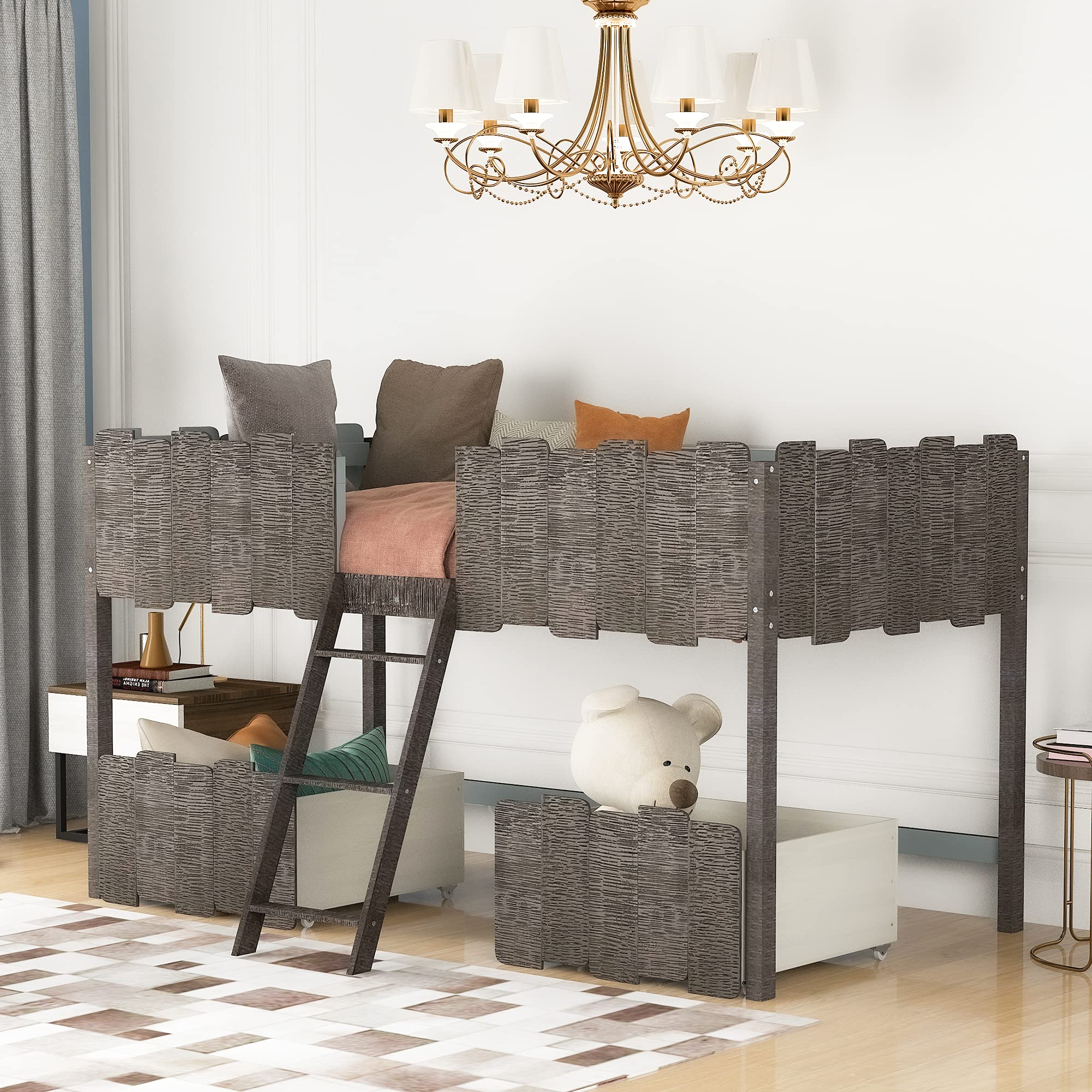 Rustic Vintage Low Loft Twin Bed Frame with Ladder & 2 Drawers - Wooden Fence-Style Bunk Bed for Kids, Teens, Boys & Girls (Grey) - Perfect for Small Bedrooms, Dorm Rooms & Space-Saving Kids' Rooms