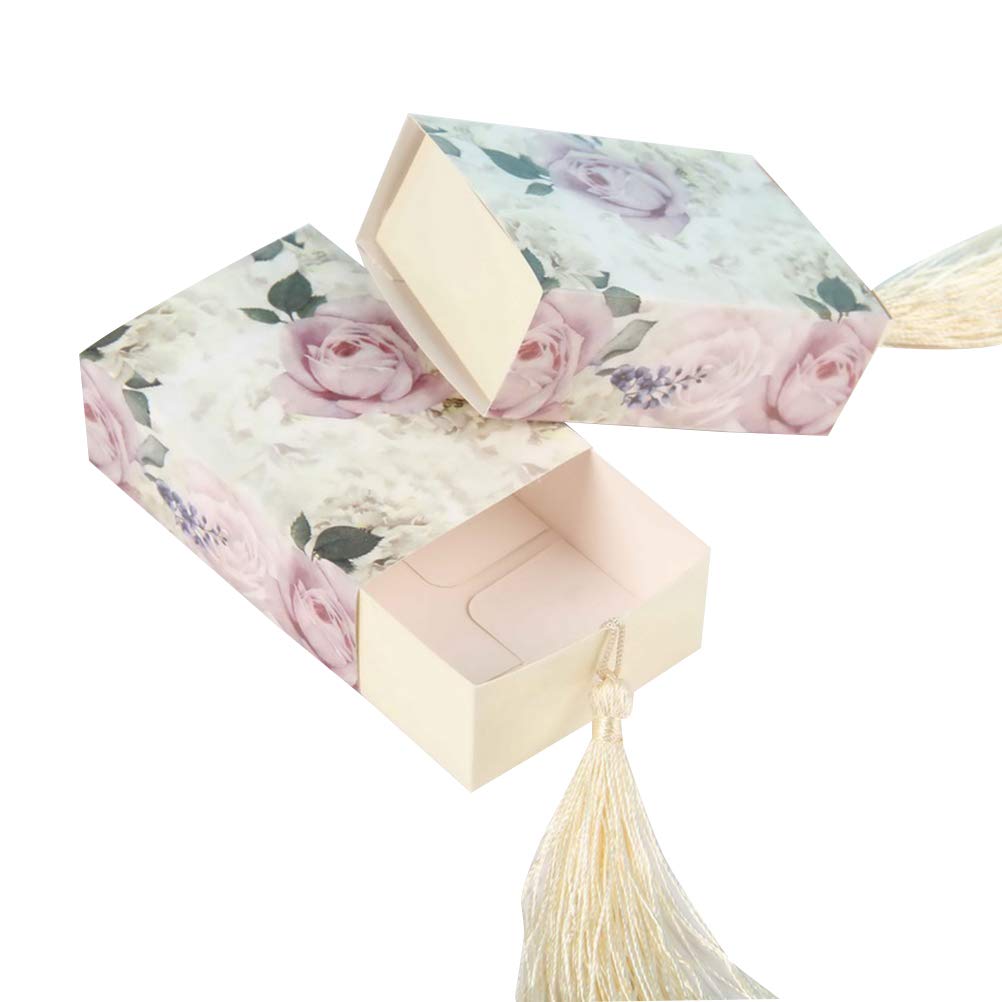 DOITOOL 50pcs Floral Candy Boxes with Drawer Design - Elegant Party Favor Boxes with Tassel Pull for Weddings, Baby Showers & Birthday Celebrations - Perfect for DIY Crafts, Gift Packaging & Sweet Treats
