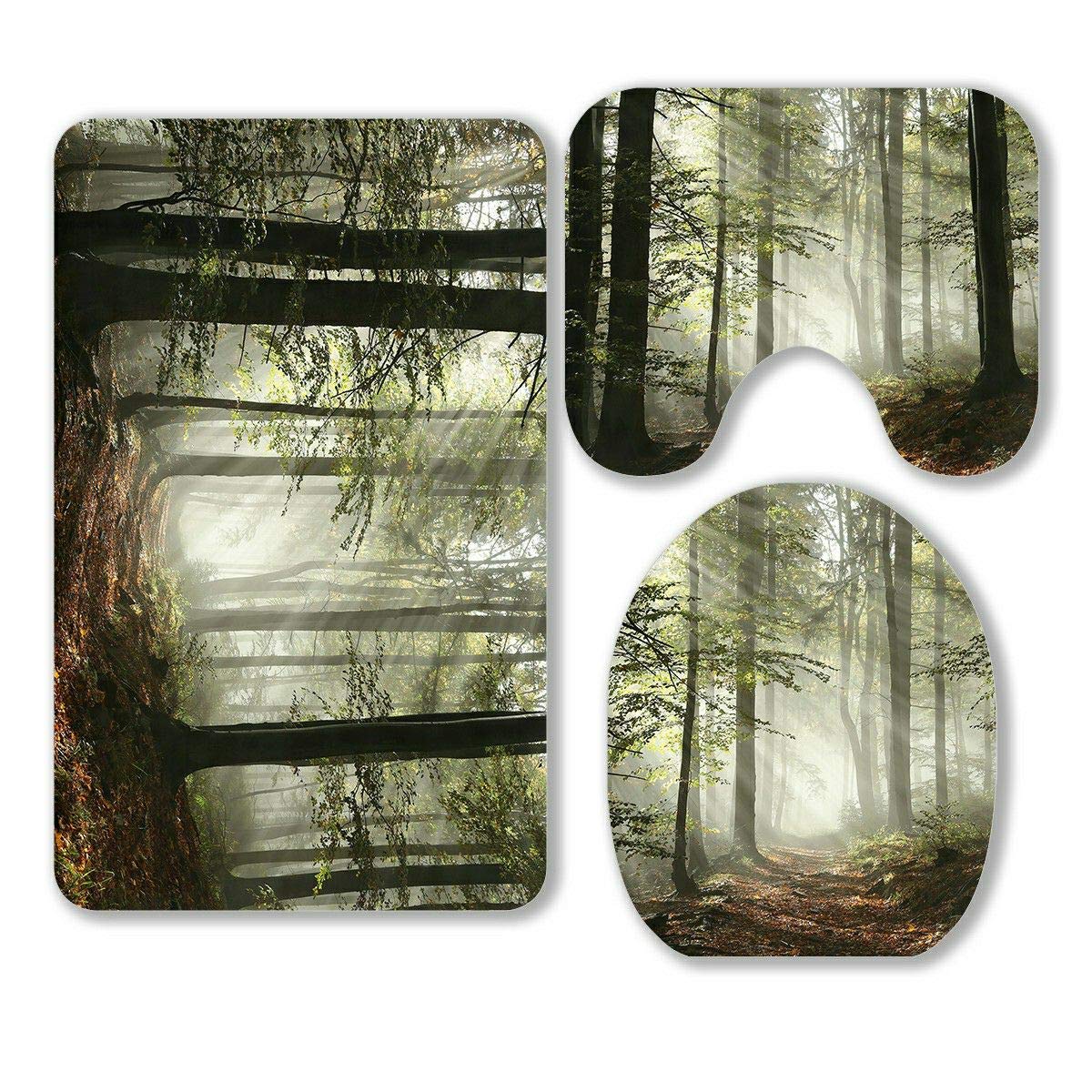 ECZJNT 3-Piece Bathroom Rug Set - Forest Path Surrounded by Fog & Sunshine Design, Non-Slip Bath Mat, Contour Mat & Toilet Lid Cover - Soft & Absorbent for Bathroom, Vanity & Shower Area