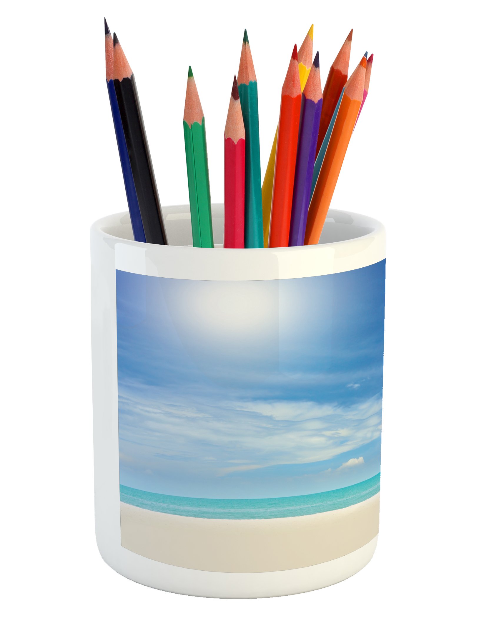 Ceramic Pencil Holder for Desk - Tropical Beach Seascape Design with Chairs & Umbrella - 3.6