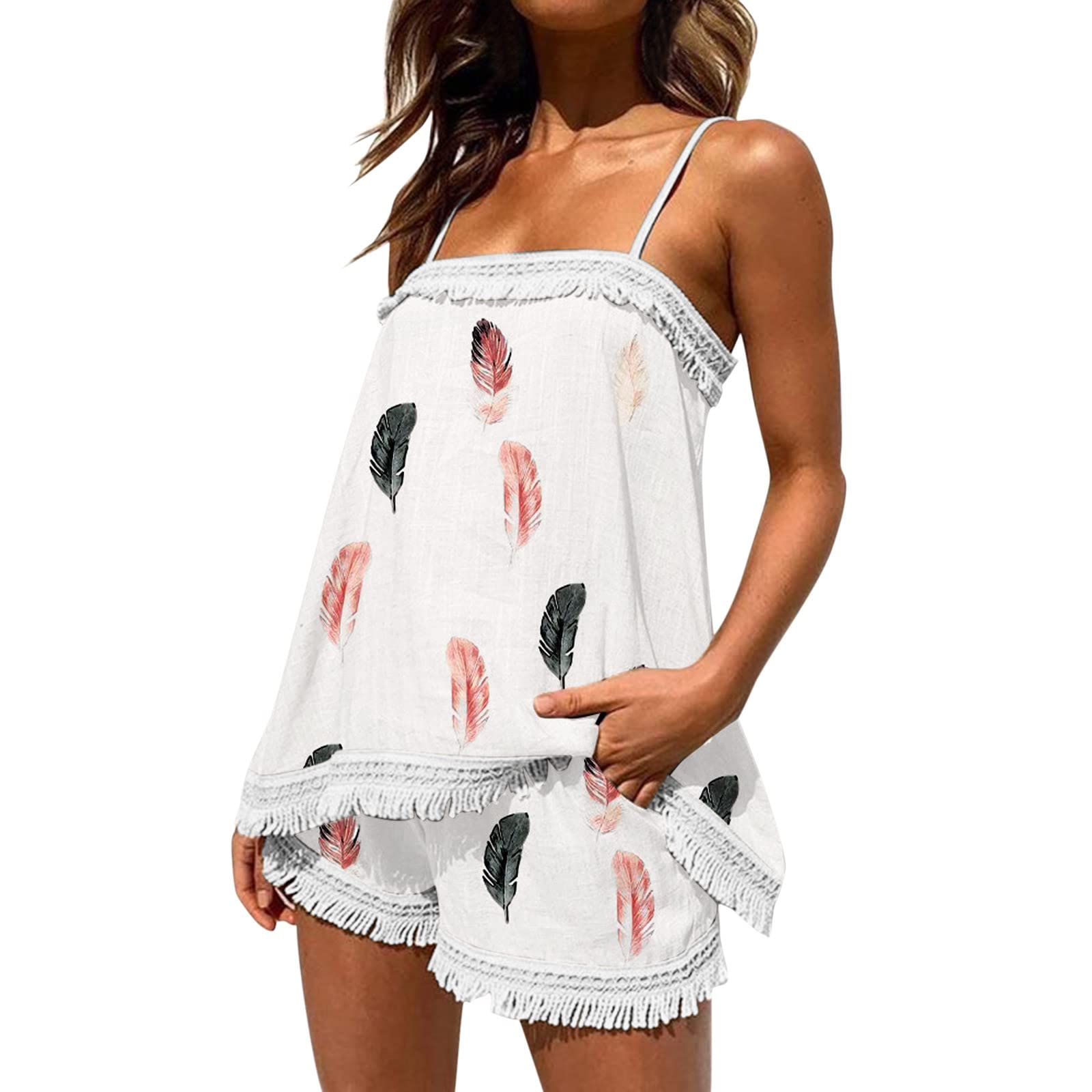 Sexy Floral Print Boho Two-Piece Bathing Suit Cover for Women - Sling Tassel Shorts & Top Set in Black & Gold (White, Size S) | Perfect for Beach, Pool, Vacation & Summer Outfits