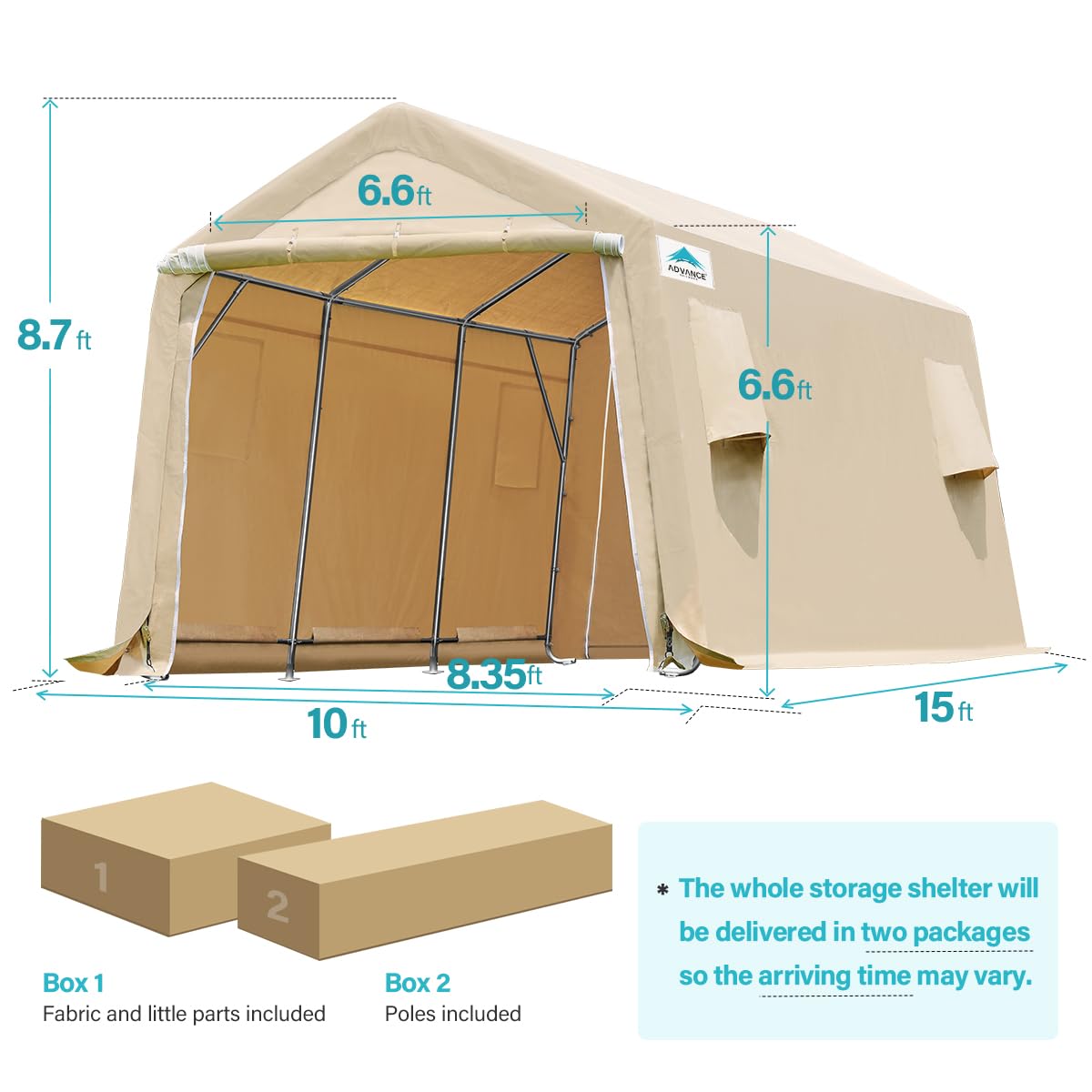 ADVANCE OUTDOOR 10X15 ft Heavy-Duty Steel Garage Shelter with Peak Roof - Portable Storage Shed for Motorcycle, Boat & Garden Tools - Includes 2 Roll-Up Doors & Ventilation (Beige) | Perfect for Vehicle Protection, Outdoor Storage & Backyard Organization