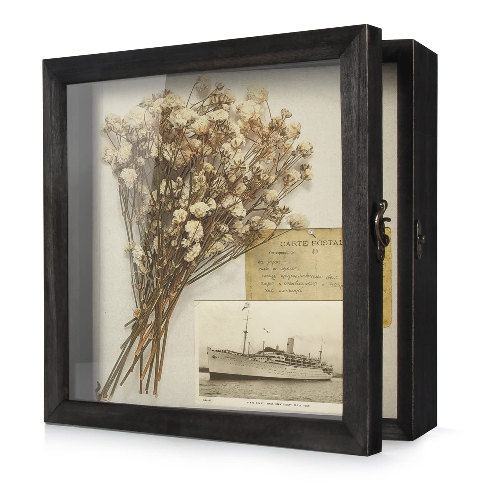TJ.MOREE Large Rustic Black Shadow Box Display Case - 11 x 11 Inch Glass Window Frame for Wedding Bouquets, Medals, Photos & Keepsakes | Perfect for Wedding Memorabilia, Home Decor & Gift Display