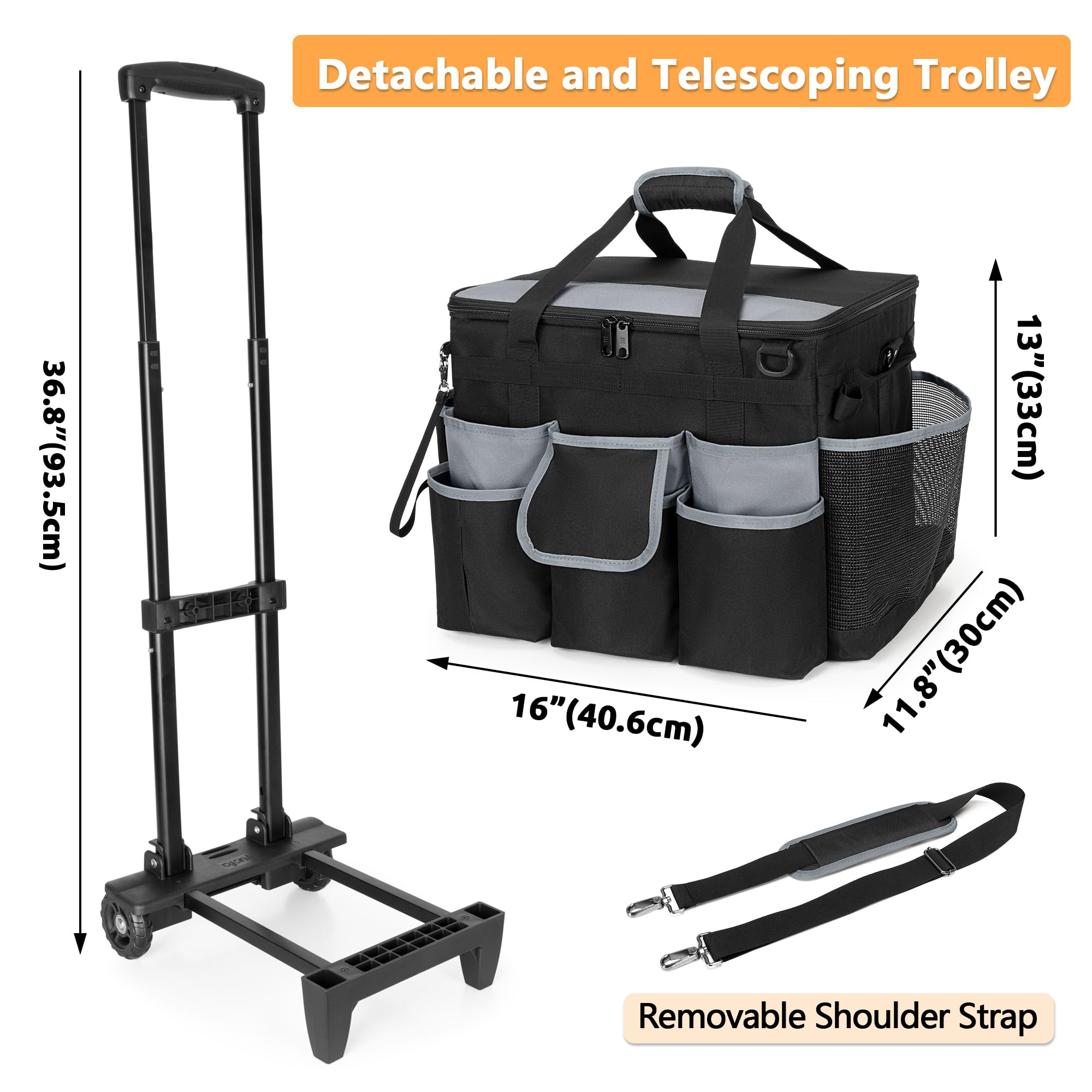 Large Rolling Cleaning Caddy with Detachable Trolley & Lid - Mobile Cleaning Cart with Wheels, Shoulder Strap & Handles - Multi-Pocket Cleaning Supplies Organizer for Mops, Brooms & Tools - Perfect for Home, Office & Janitorial Use