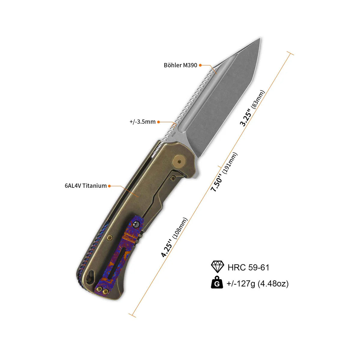 QSP Rhino M390 Folding Pocket Knife - Bronzed Titanium Handle, QS143 D - EDC, Outdoor Camping & Everyday Carry Knife