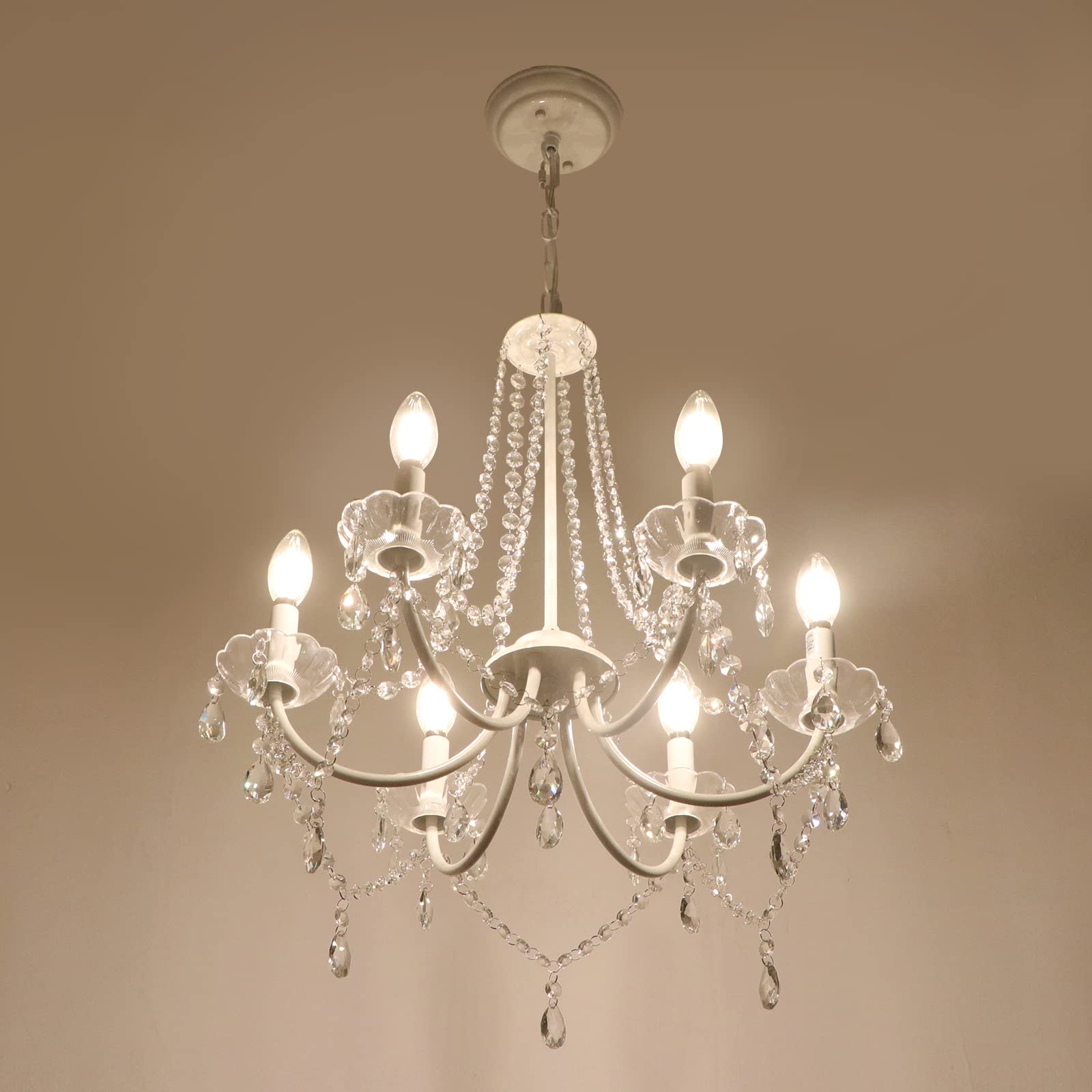 LynPon 6-Light White Crystal Chandelier - Modern Elegant Candle Ceiling Light Fixture for Bedroom, Dining Room, Living Room, Entryway & Foyer | Perfect for Home Decor, Wedding Decorations & Luxury Interior Lighting