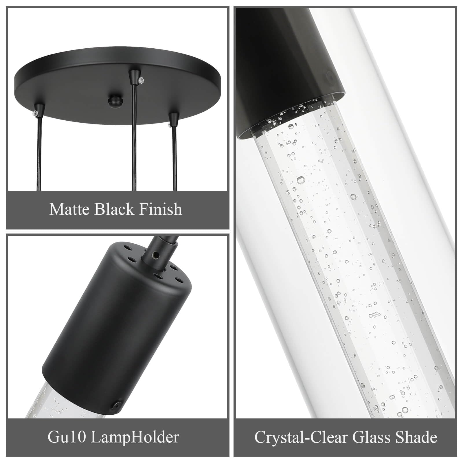 Modern 3-Light Cluster Pendant Lighting for Kitchen Island - Matte Black Finish with LED Bulb & Bubble Crystal - XiNBEi Lighting XB-P1110-3-MB - Perfect for Dining Room, Bar Counter, and Home Decor