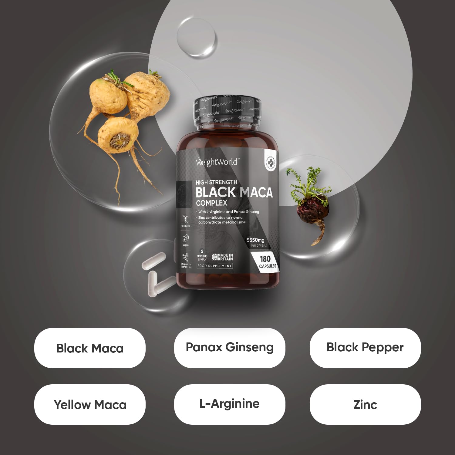 Premium 5550mg Maca Root Capsules - 180 Count (6 Month Supply) with L-Arginine & Panax Ginseng - Black & Yellow Maca for Energy, Fertility & Vitality - Supports Reproductive Health (EFSA Approved) - Ideal for Men & Women - Perfect for Daily Wellness, Workout Boost & Hormonal Balance