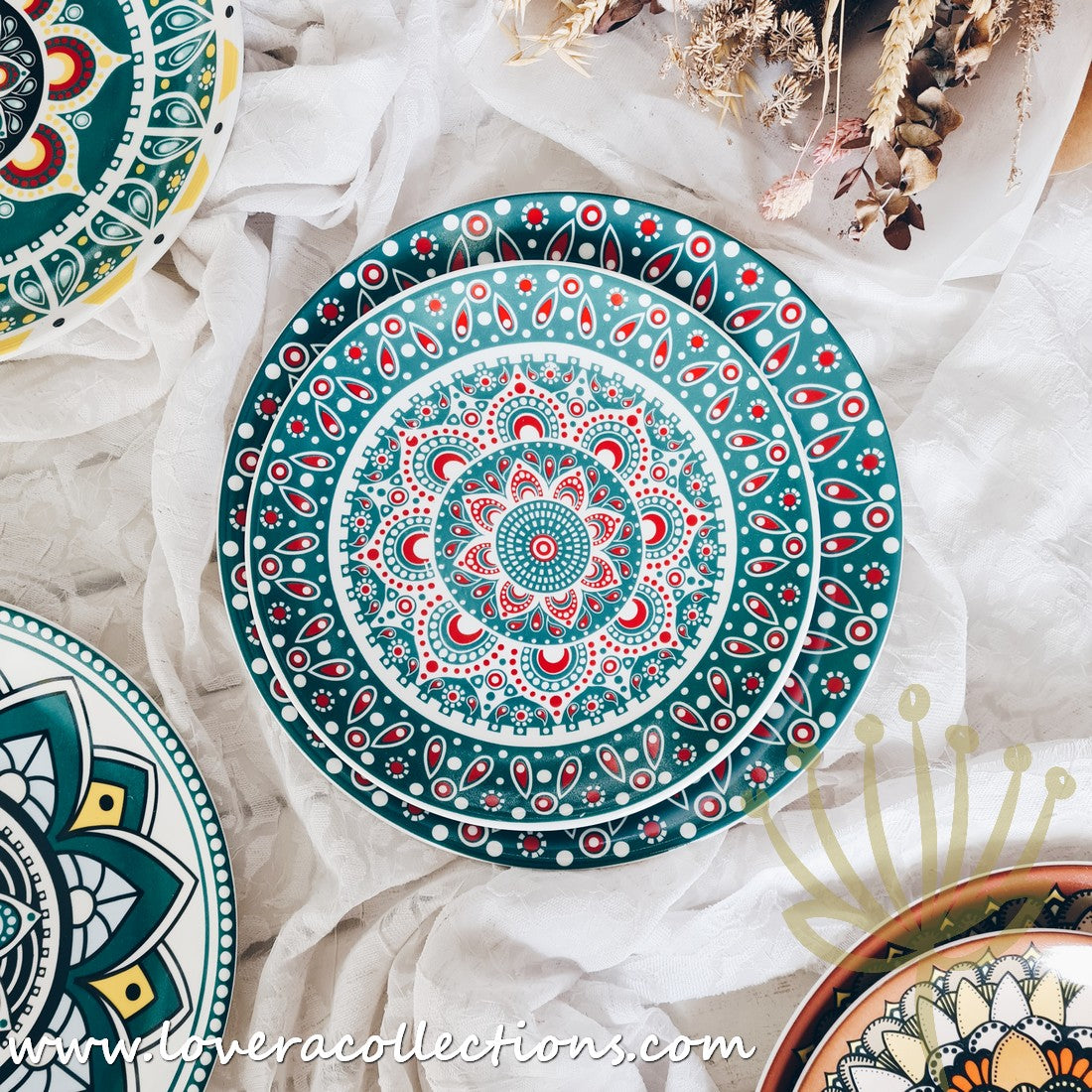 Mandala Green & White Salad Plate Set - Elegant Hand-Painted Ceramic Dinnerware for Home & Restaurant Use - Perfect for Salads, Appetizers, Desserts & Party Serving