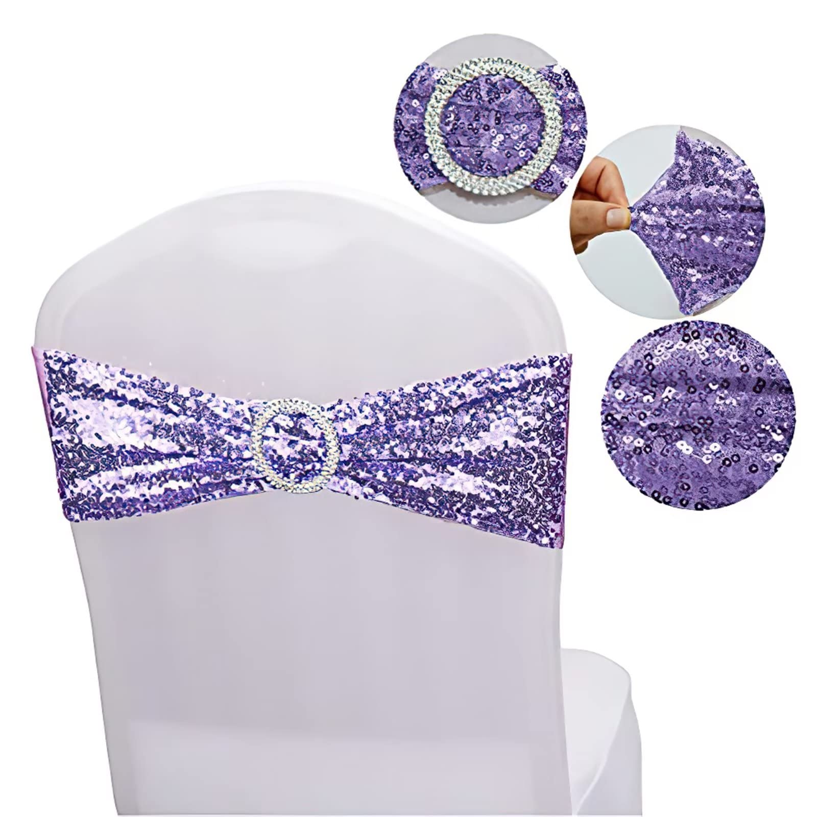 20 Pack Sequin Chair Sashes - Stretchy Spandex Decorative Bands with Shiny Sequins for Wedding, Party, Banquet & Home Decor (Lavender) - Perfect for Chair Backs, Table Centerpieces and Event Decorations