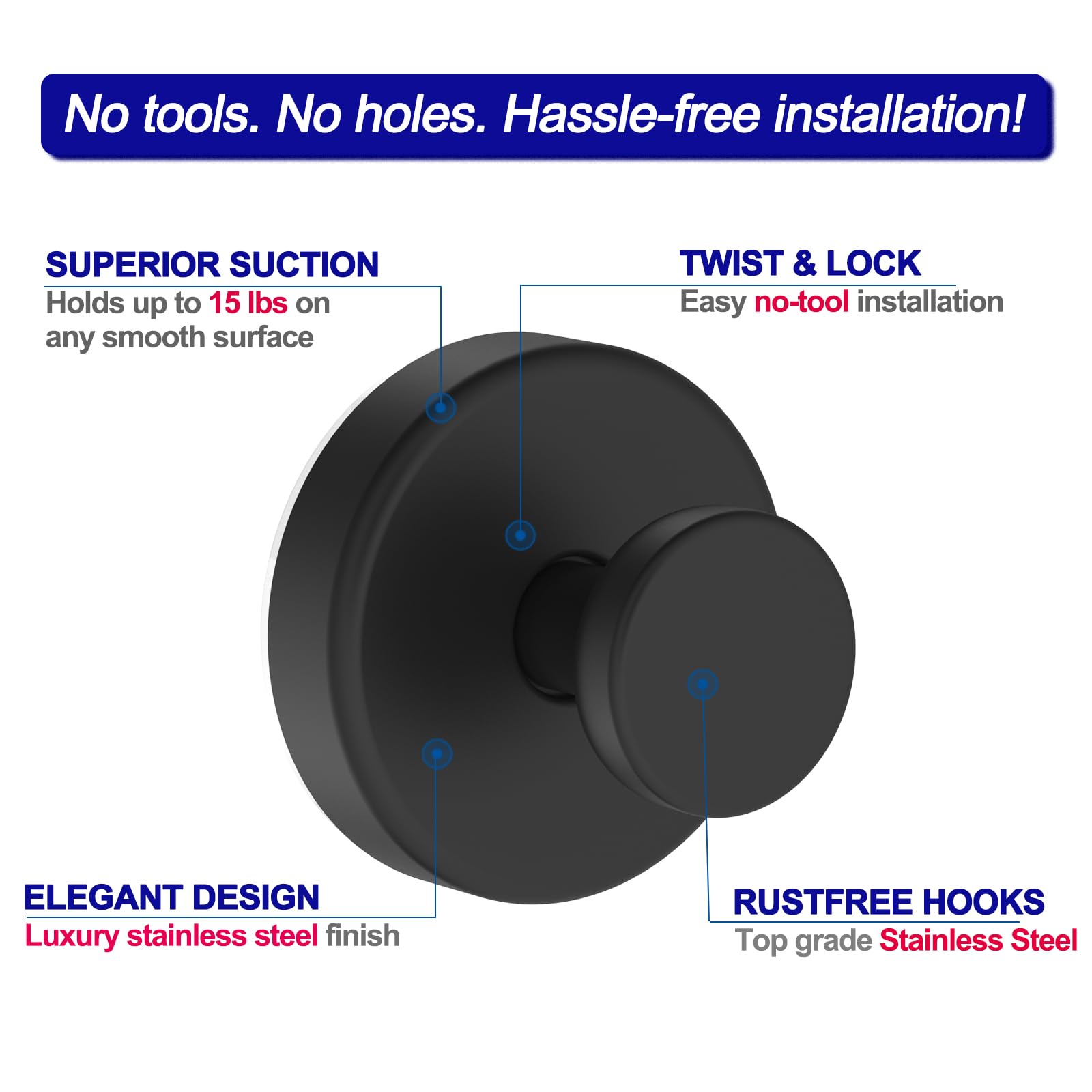 Strong Suction Cup Hooks for Shower, Bathroom & Kitchen - Removable Adhesive Hooks for Towels, Robes & Organizing on Glass, Tile & Walls (2-Pack, Black) - Perfect for Hanging Bath Accessories & Kitchen Utensils