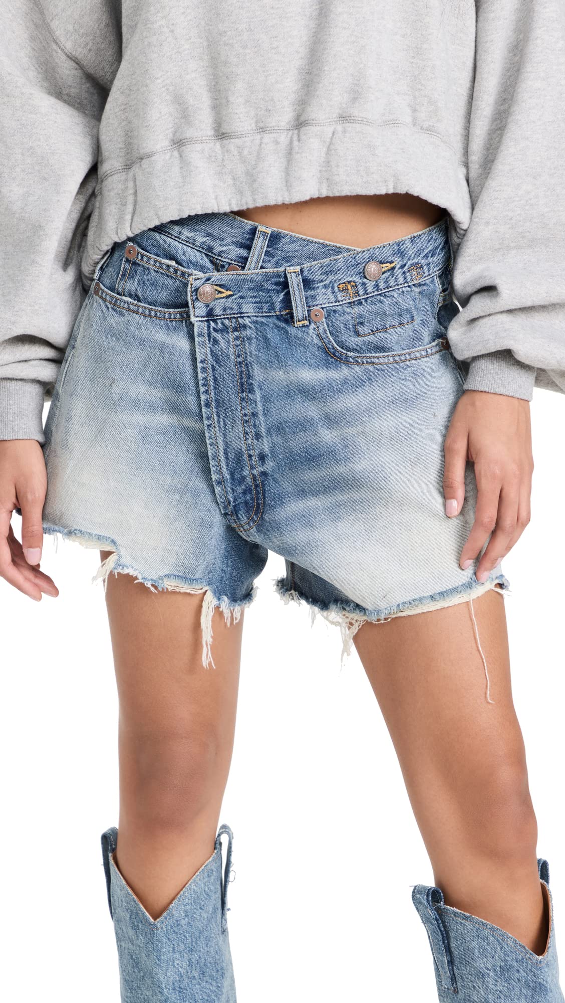 R13 Women's High Waist Crossover Shorts - Stretchy Denim Shorts for Women | Summer Fashion, Casual Wear, Beach Outfits & Street Style