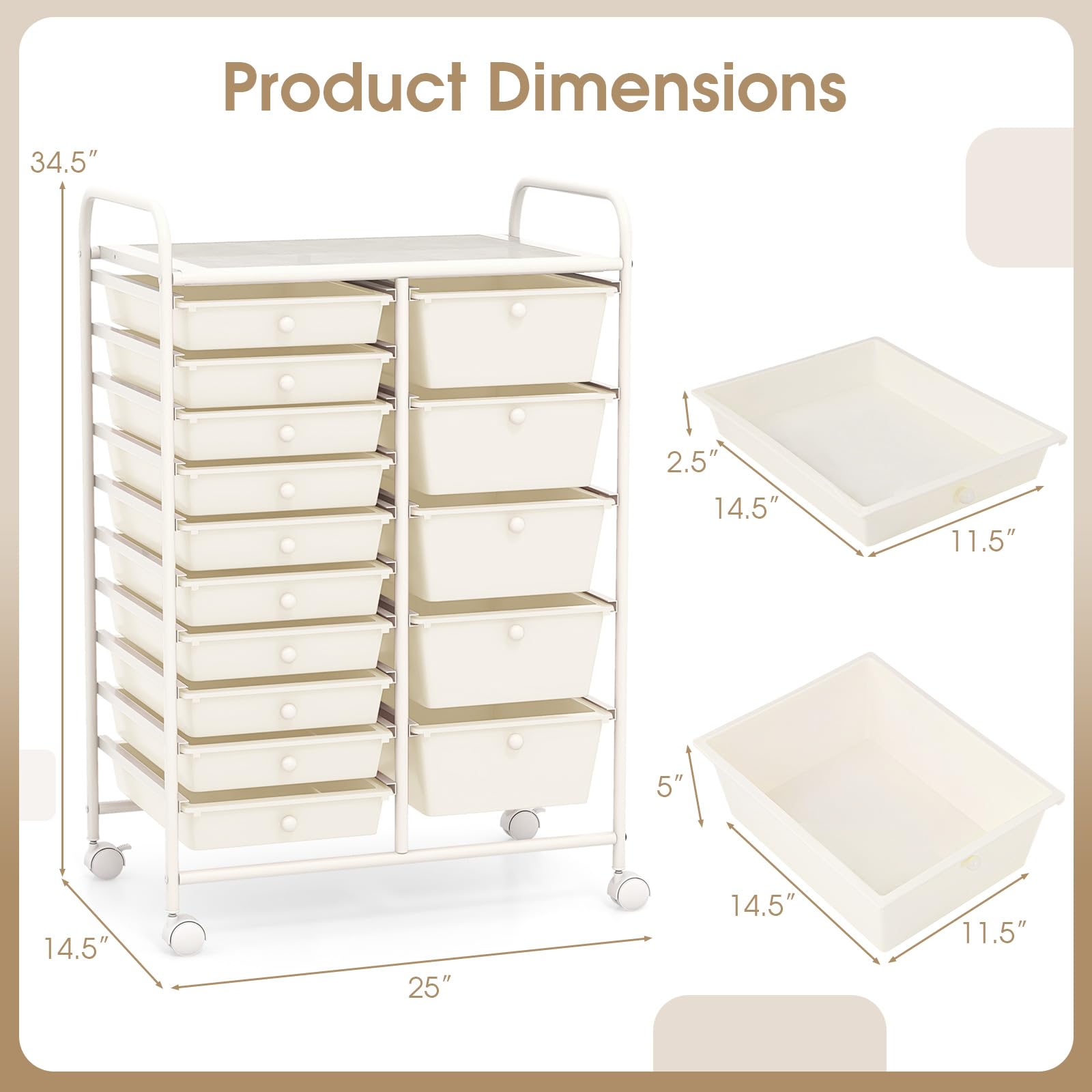 COSTWAY 15-Drawer Rolling Storage Cart | Heavy-Duty Mobile Utility Organizer with Lockable Wheels | Multipurpose Tool & Paper Storage for Home, Office & School | White | Ideal for Workshop Organization & Classroom Supplies