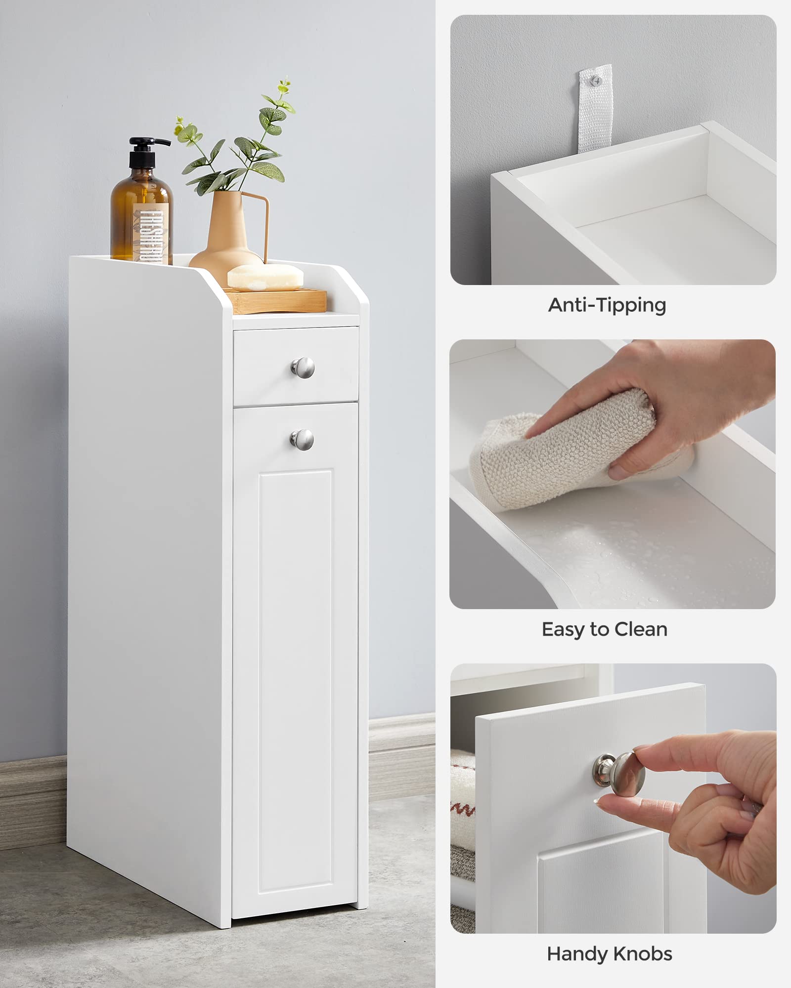 VASAGLE Slim Bathroom Storage Cabinet with Slide-Out Drawers & Toilet Paper Holder - Space-Saving Organizer for Small Bathrooms, White UBBC847P31 - Perfect for Apartments, Powder Rooms & Tight Spaces