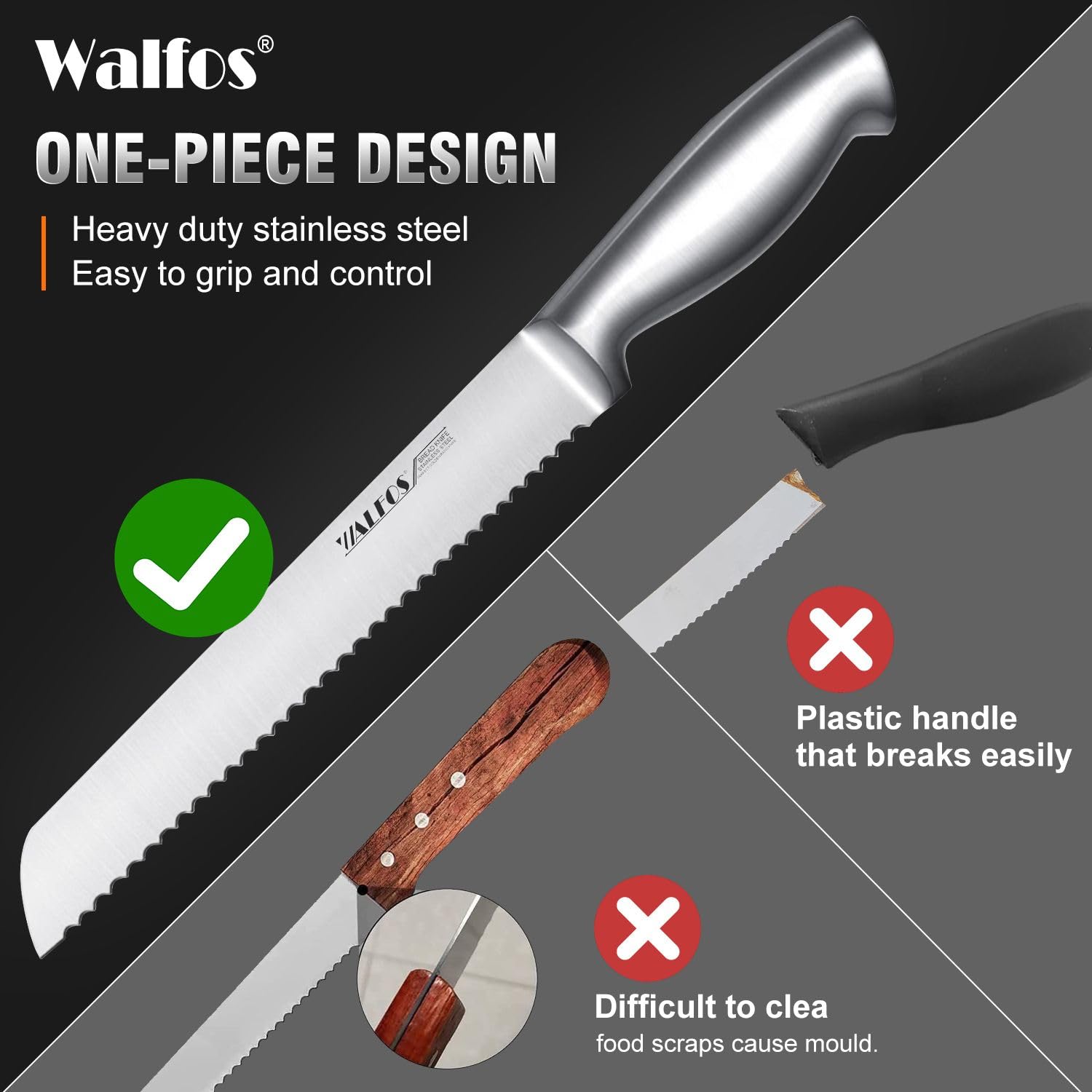 Walfos 8-Inch Stainless Steel Serrated Bread Knife - Ultra Sharp Kitchen Knife with Ergonomic Handle for Slicing Bread, Bagels, Cakes - Perfect for Home Baking, Restaurant Use & Gift Giving