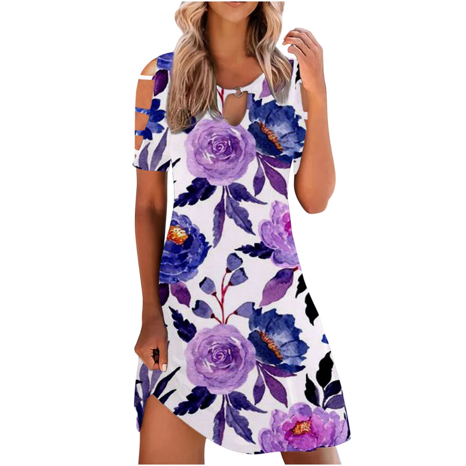 Women's Summer Casual Sun Dress - Crewneck Short Sleeve Cold Shoulder Boho Floral Print Hollow Shirt Dress | Beach Vacation, Garden Party, Outdoor Date Outfit