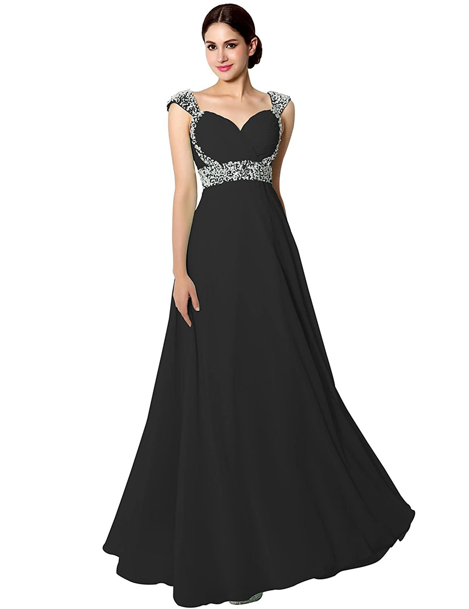 Sarahbridal Women's Elegant Beaded Sequin Chiffon Long Prom Dress with Cap Sleeves - Perfect for Bridesmaids, Evening Gowns, and Formal Occasions