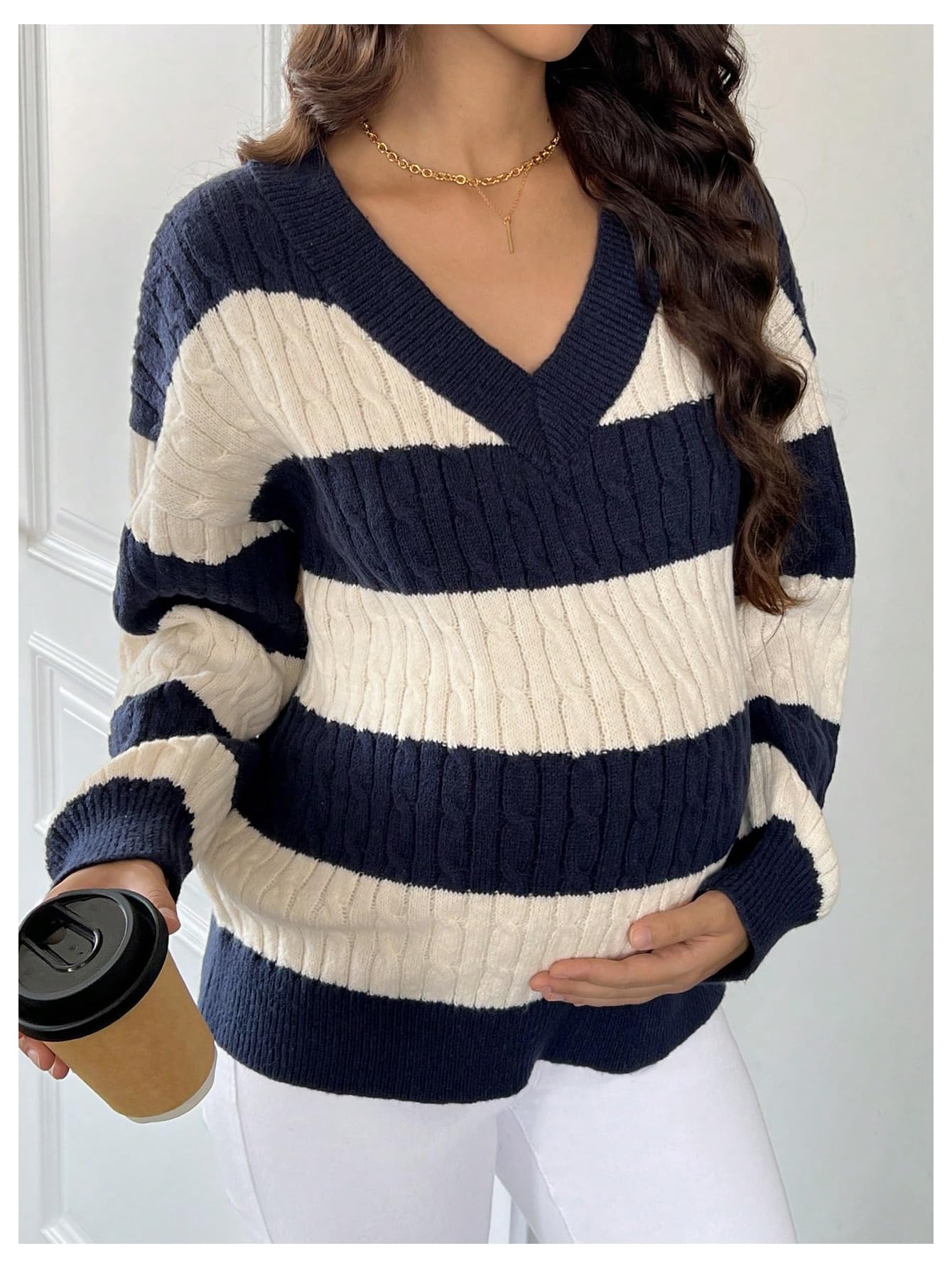 Stylish Women's Maternity Sweater - Striped Cable Knit V-Neck Long Sleeve Pregnancy Top for Comfort & Fashion | Perfect for Office, Casual Outings & Maternity Photos