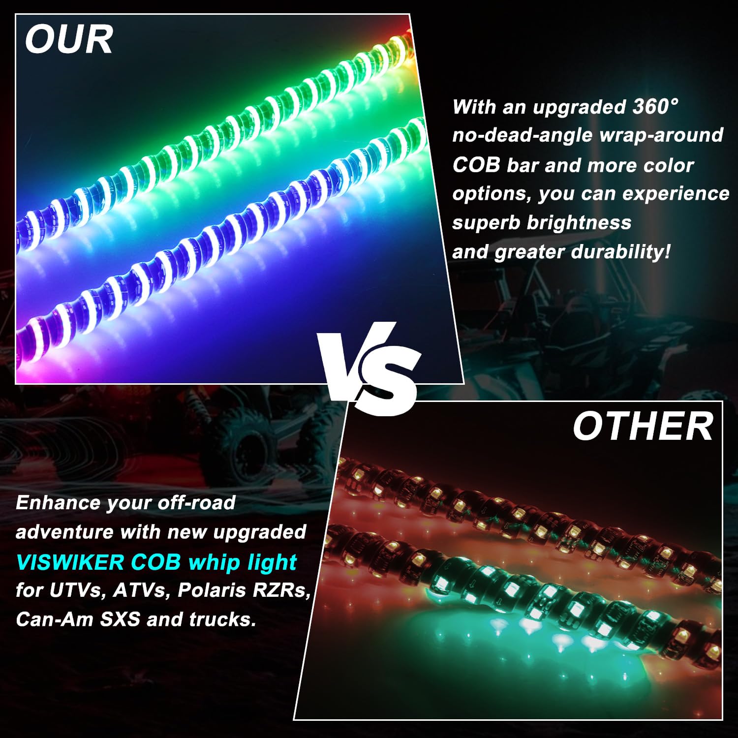 2PCS 3FT COB Whip Lights with Rock Switch - RGB Chasing LED Whip for UTV ATV RZR Polaris SXS Can-Am 4 Wheeler - App & Remote Control, Music Sync - Perfect for Off-Roading, Night Riding & Vehicle Customization
