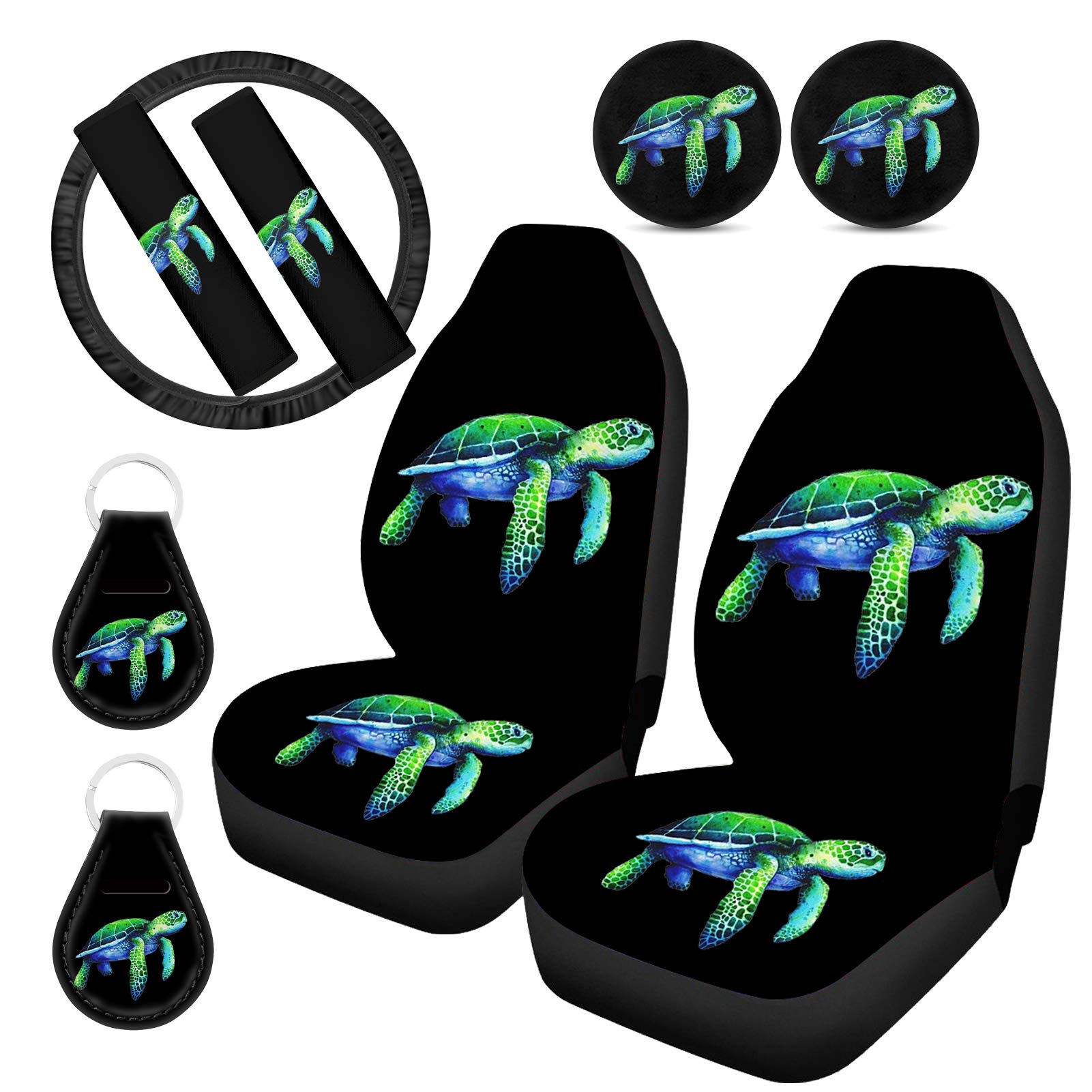 WELLFLYHOM Cool Green Sea Turtle 9-Piece Car Interior Accessories Set - Universal Front Seat Covers, Steering Wheel Cover, Key Chains, Seat Belt Shoulder Pads & Coasters for Men | Perfect for Daily Commute, Road Trips & Car Enthusiasts