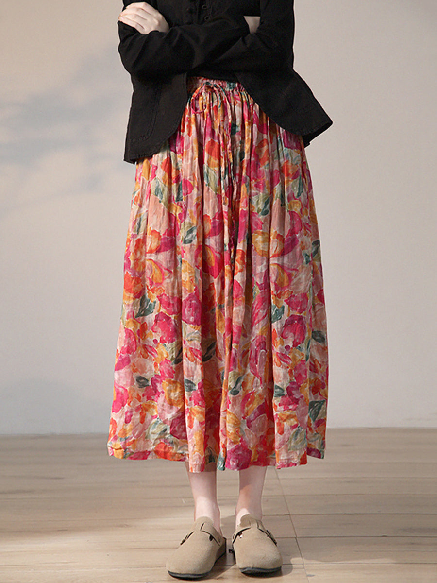 Plus Size Women's Summer Floral Drawstring Ramie Skirt - Boho Chic Flowy Midi Skirt for Beach Vacation & Casual Outings