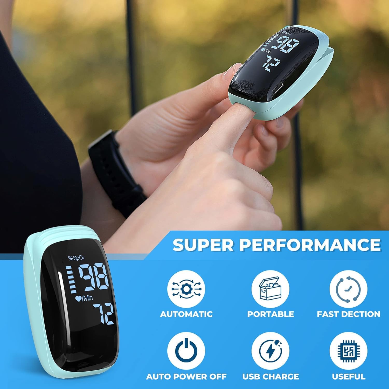 Rechargeable Fingertip Pulse Oximeter - Accurate Blood Oxygen Saturation (SpO2) & Heart Rate Monitor with Lanyard - Portable Oxygen Meter for Home Use, Hiking, Running, Cycling & Outdoor Sports - TY05 Blue