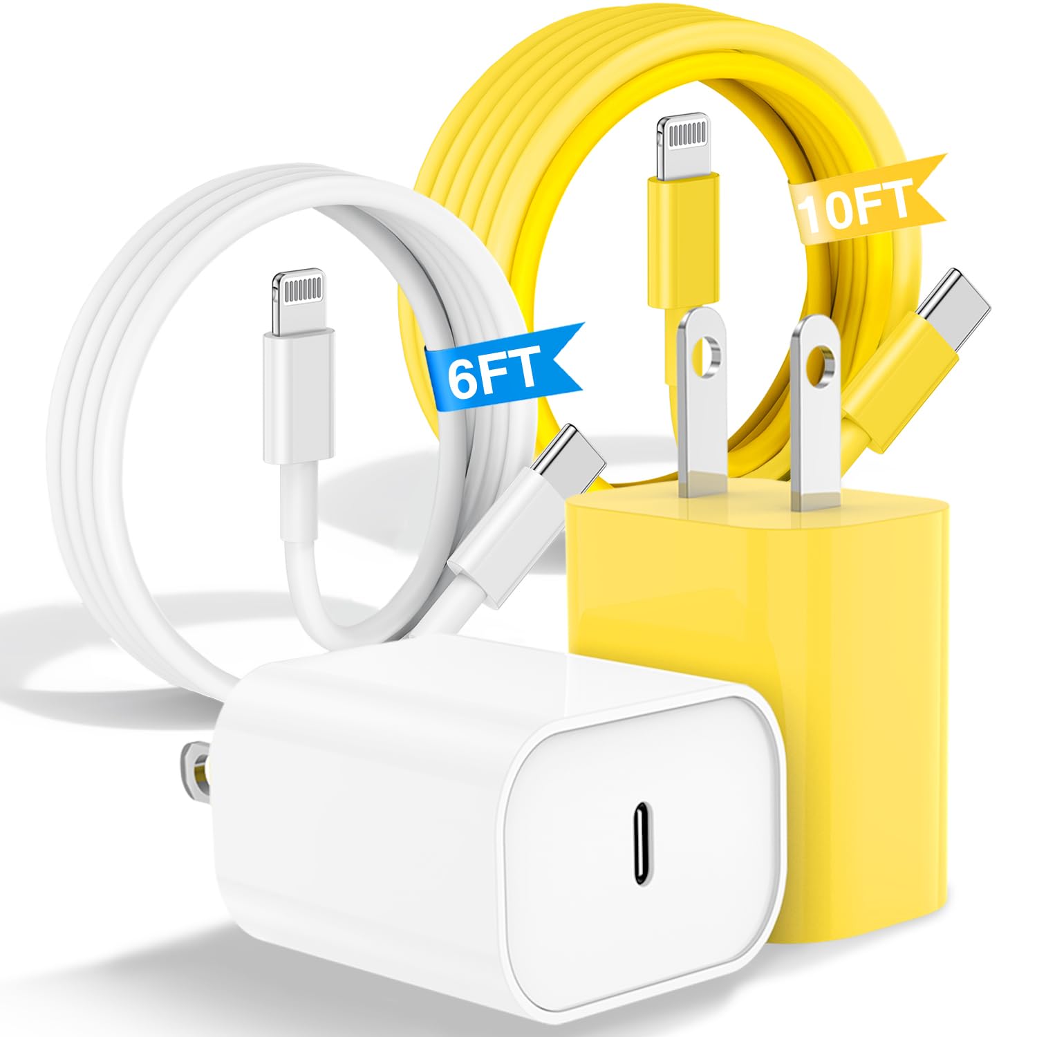Fast Charging USB C to Lightning Cable [6FT+10FT] - 20W USB C Charger Block for iPhone 14/13/12 Pro Max - Durable Phone Charger Cord (White+Yellow) - Perfect for Home, Office & Travel Charging