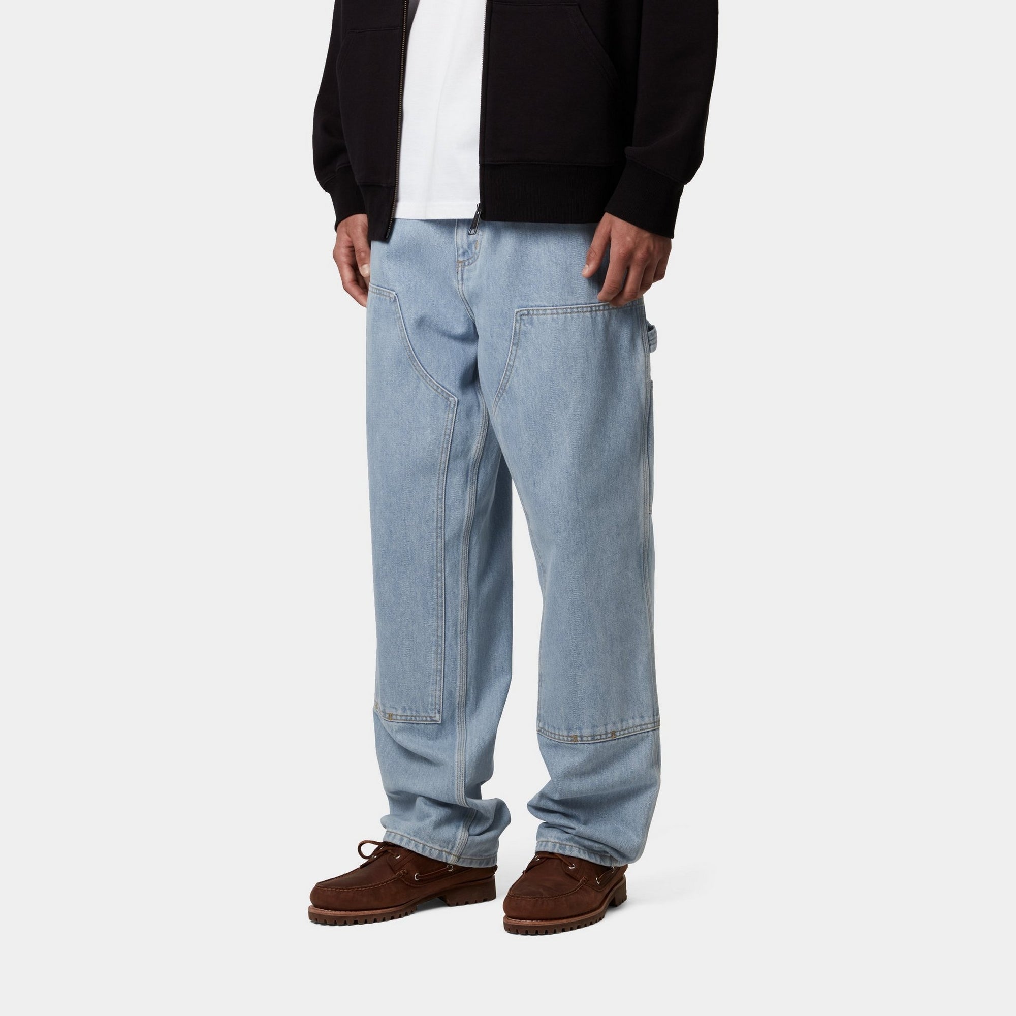 Men's Double Knee Work Pants - Heavy Stone Bleached Denim Jeans for Construction & Outdoor Work | Durable Blue Workwear for Carpenters, Mechanics & Laborers