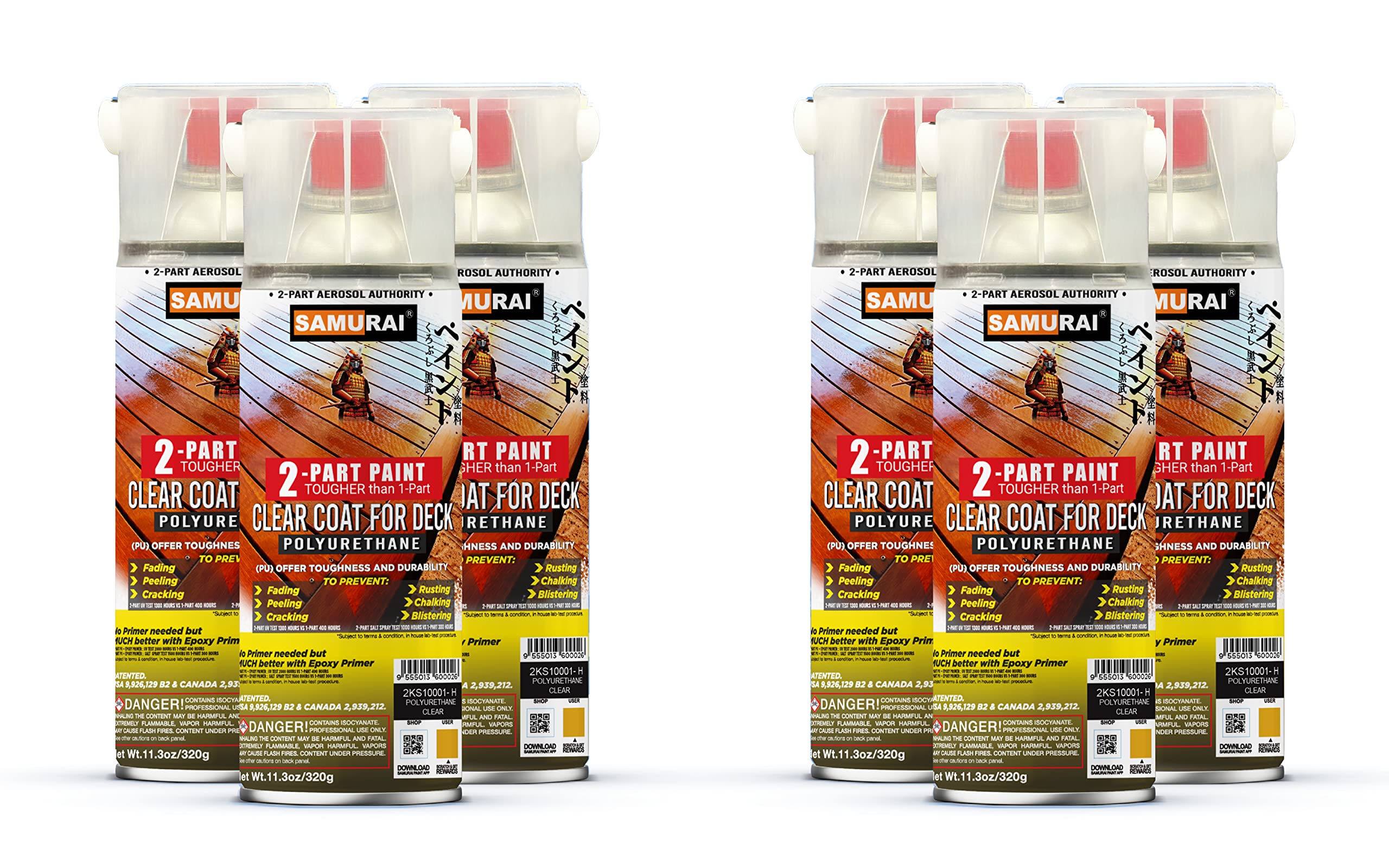 Premium SAMURAI 2-Part Polyurethane Deck Clear Coat Spray Paint - Clear Finish, 6-Pack (12oz Cans) | Weatherproof Protection for Wood Decks, Patio Furniture & Outdoor Surfaces
