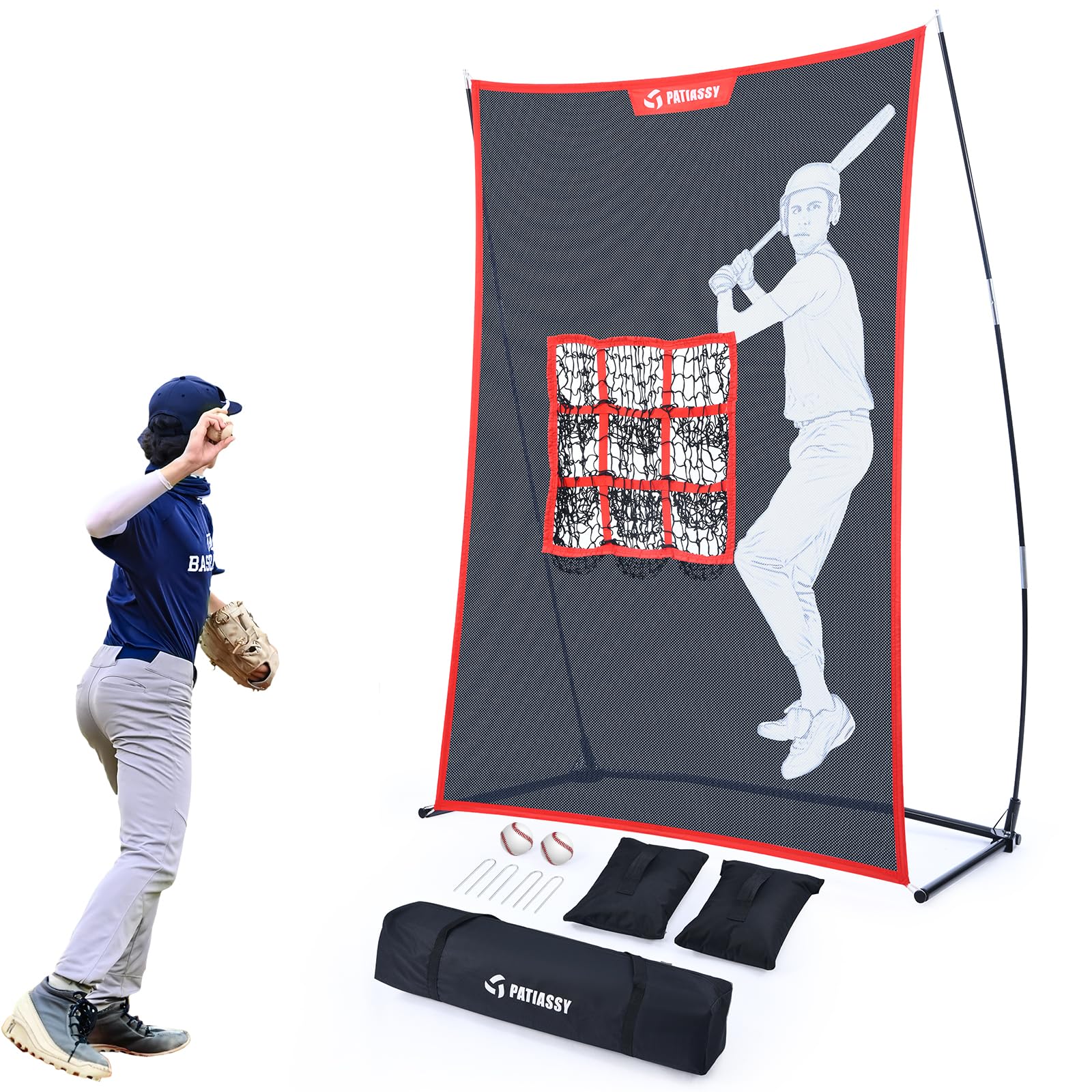 Portable 9-Pocket Baseball & Softball Pitching Net with 2 Sandbags | Backyard Training Equipment | Includes Carry Bag & 2 Baseballs | Perfect for Youth Practice, Batting Drills & Fielding Training