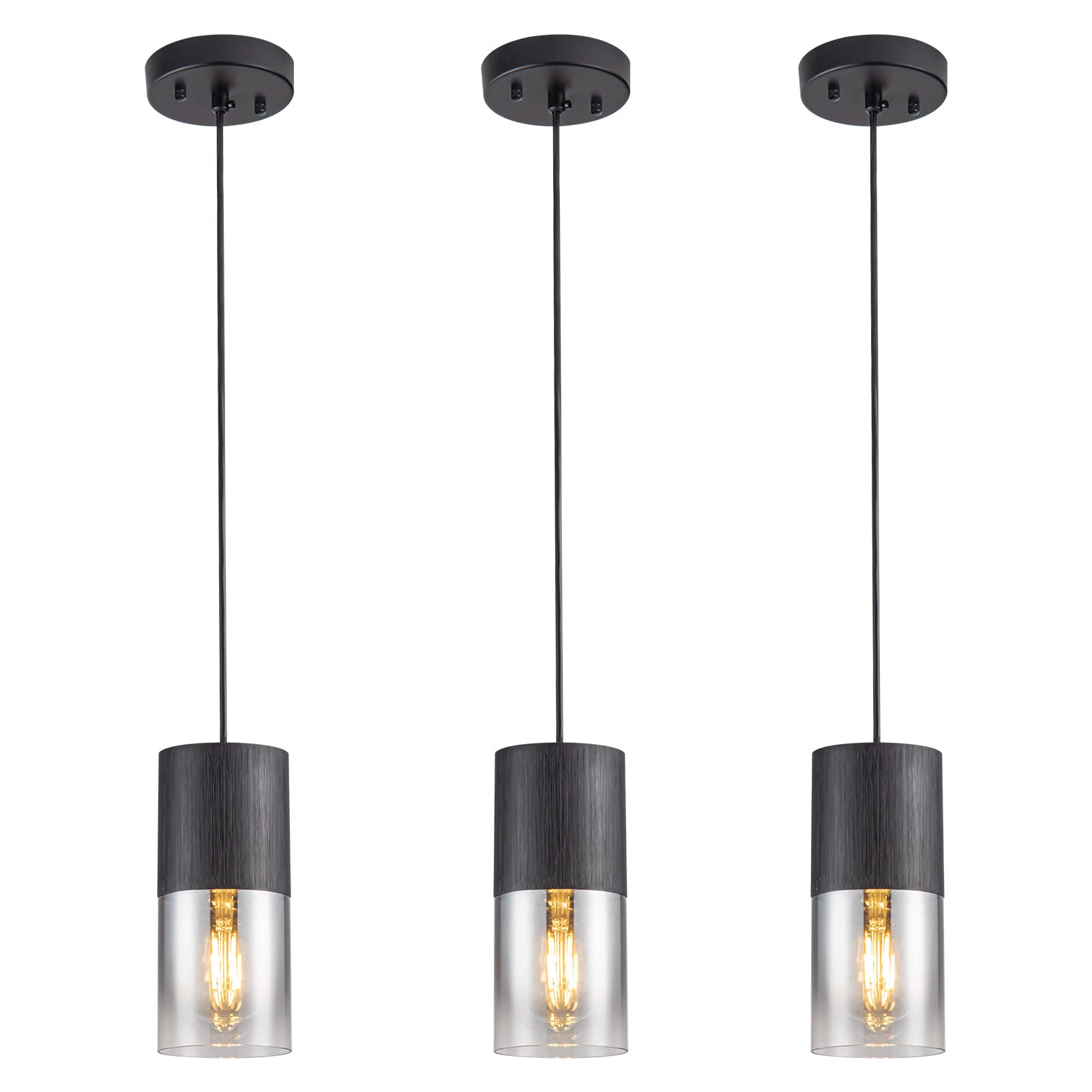 LINSEEDS Black Pendant Light Fixtures - 3-Pack Adjustable Modern Hanging Lights for Kitchen Island, Dining Table, Hallway, Bedroom & Living Room | Industrial Glass Pendant Lighting for Home Decor