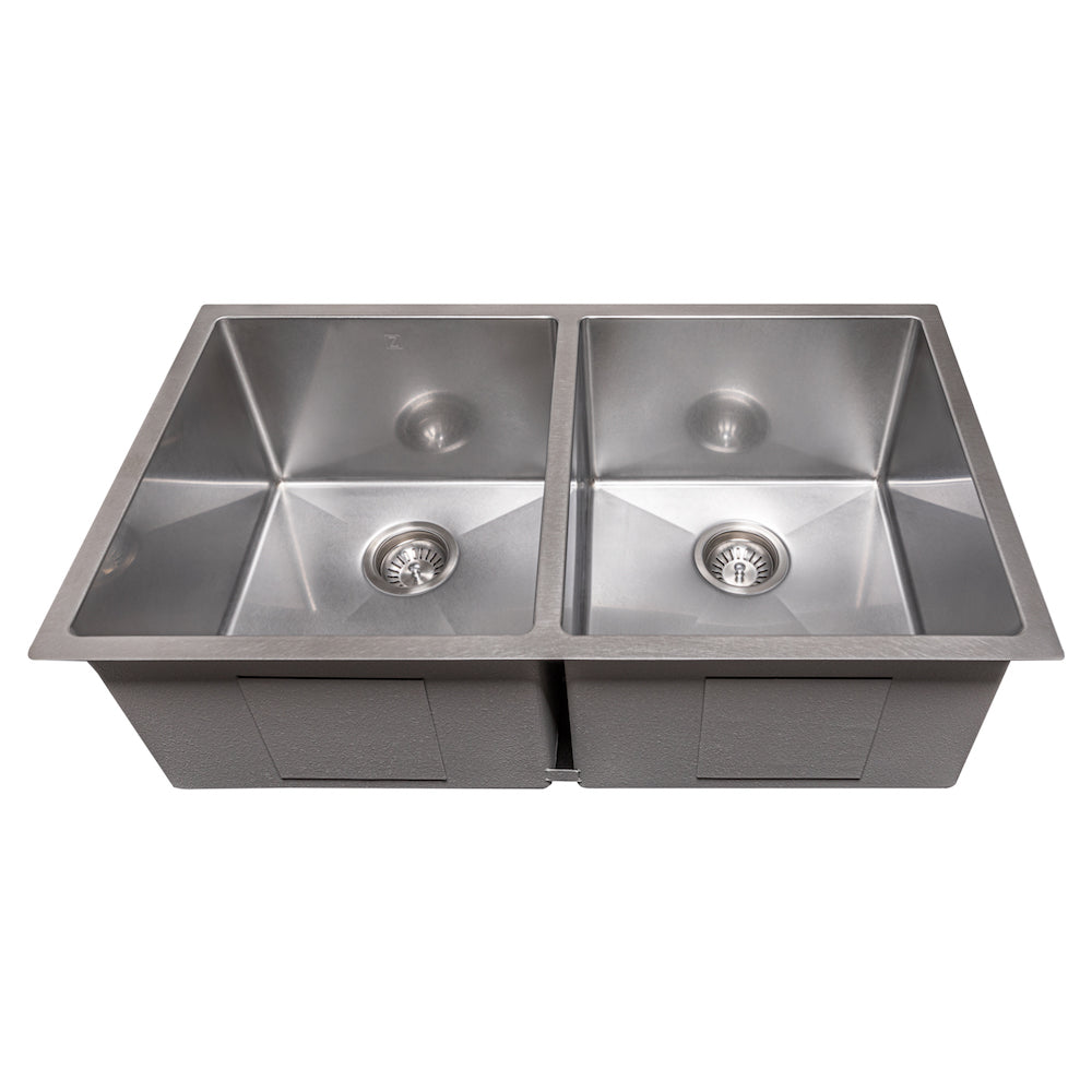 ZLINE 33-Inch Anton Undermount Double Bowl Kitchen Sink - Satin Stainless Steel with Bottom Grid (SR50D 33S) | Perfect for Modern Kitchens, Restaurant Prep & Heavy-Duty Use