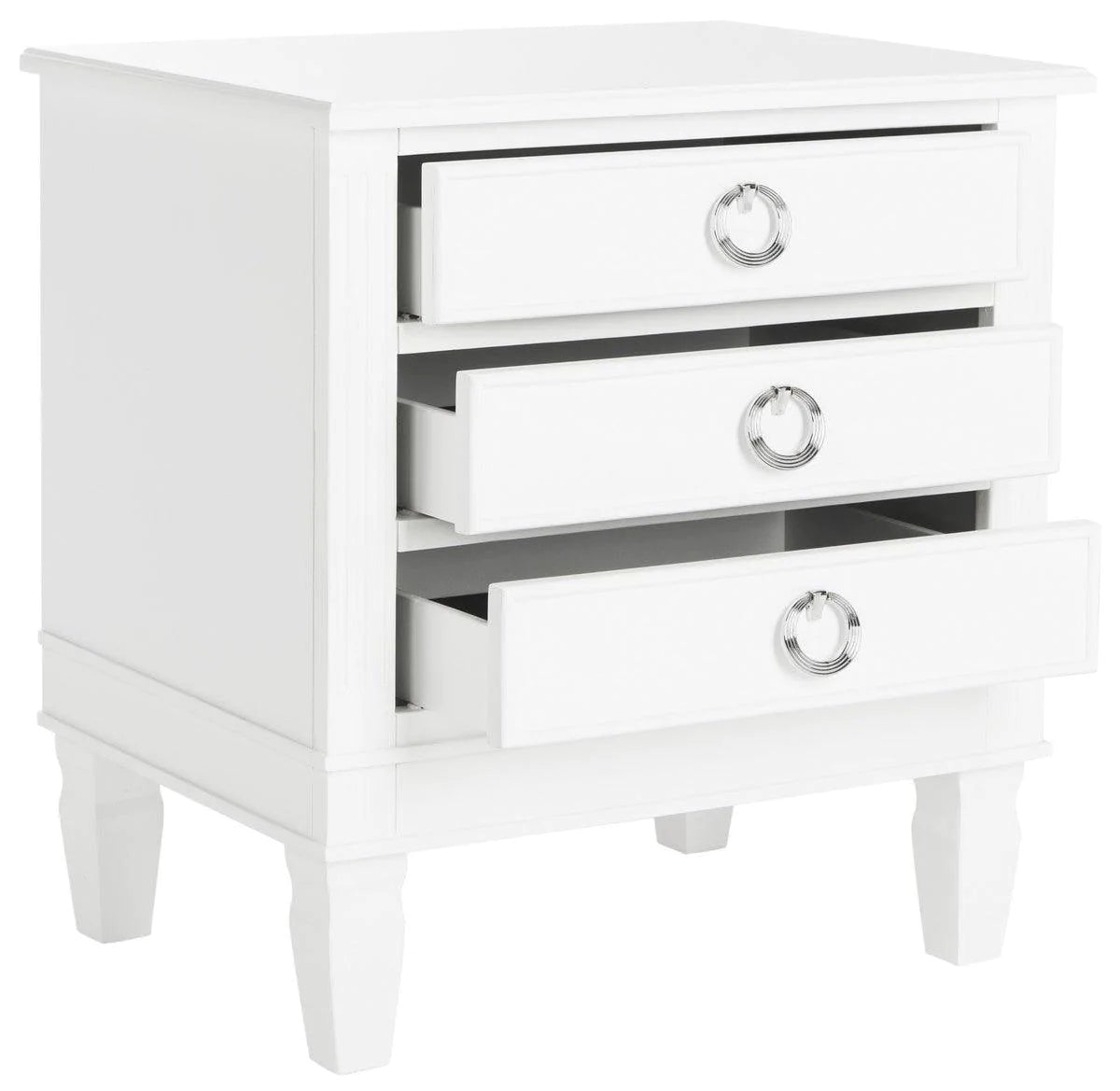 Modern White 3-Drawer Nightstand with Chrome Hardware - Perfect for Bedroom, Living Room, or Office Storage