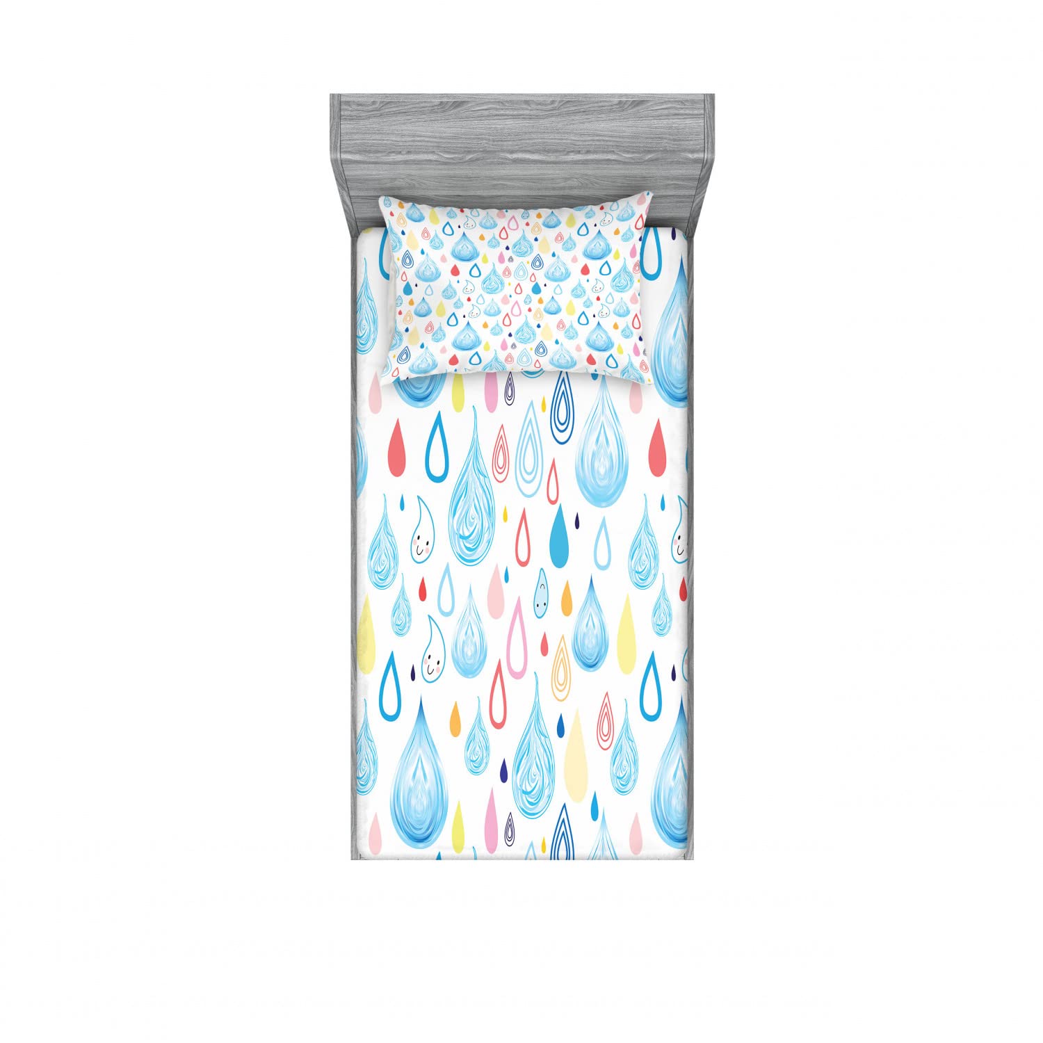 Ambesonne 2-Pack Twin Fitted Sheets & Pillow Sham Set - Fun Raindrop Autumn Cartoon Design, 4-Piece Bedding Decor (2 Fitted Sheets + 2 Pillow Covers), Multicolor - Perfect for Kids' Rooms, Dorm Decor & Seasonal Bedroom Makeovers