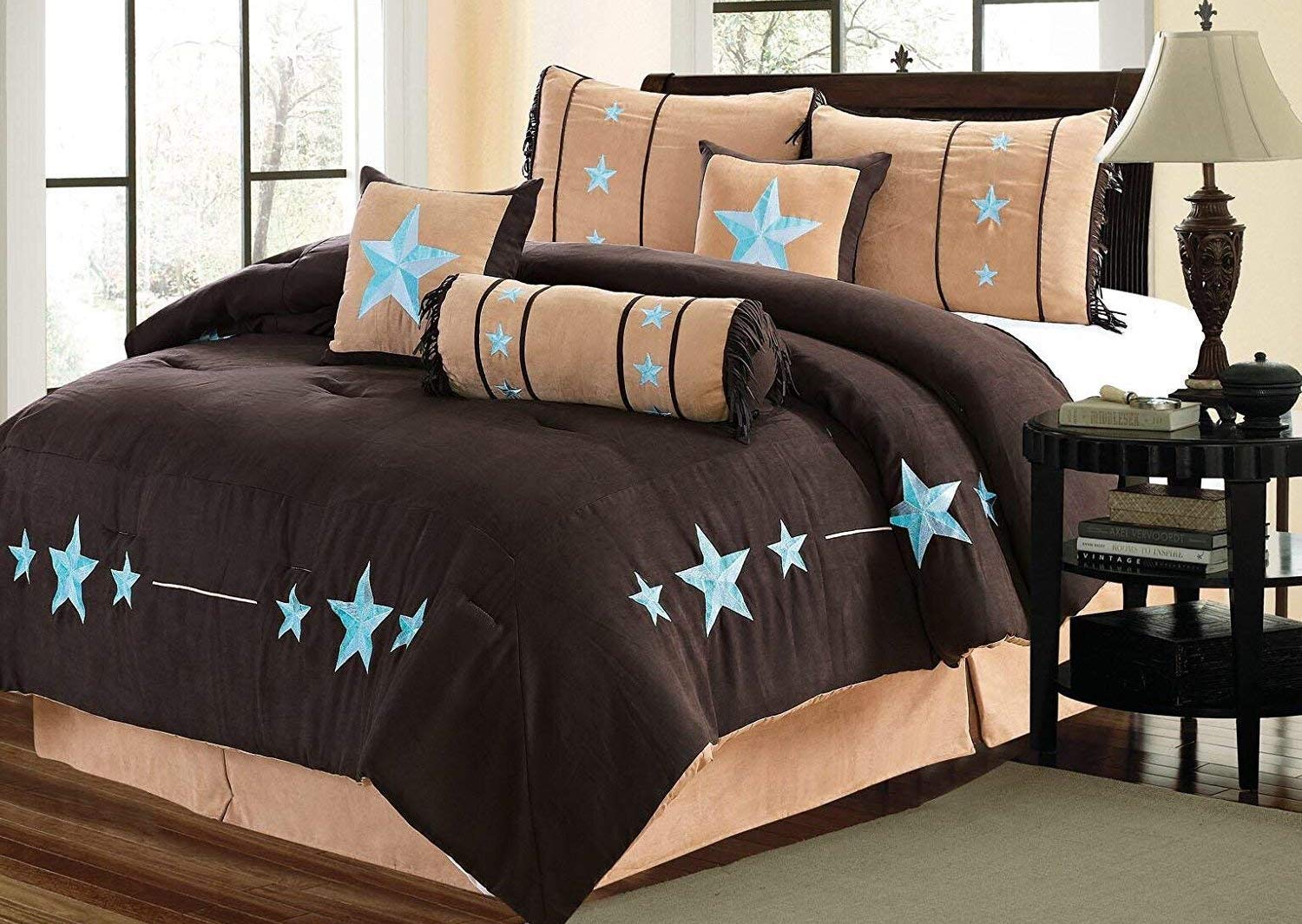 Golden Linens 7-Piece Western Lodge Texas Star Oversize Comforter Set - Dark Brown, Camel & Aqua Blue Micro Suede Bedding - Queen Size #BEIZI04 | Perfect for Rustic Cabin, Lodge, or Southwestern Style Bedrooms