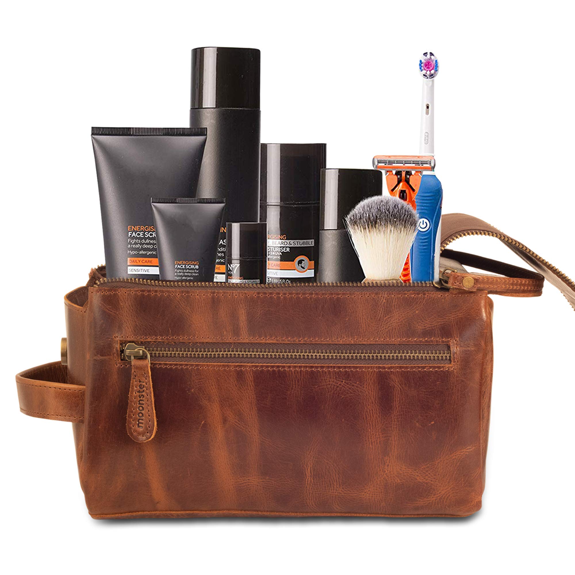 Premium Full Grain Buffalo Leather Travel Toiletry Bag for Men & Women - Large Durable Dopp Kit with Shaving Organizer - Waterproof Cosmetic & Toiletries Pouch for Business Trips, Gym, Camping & Vacation Essentials