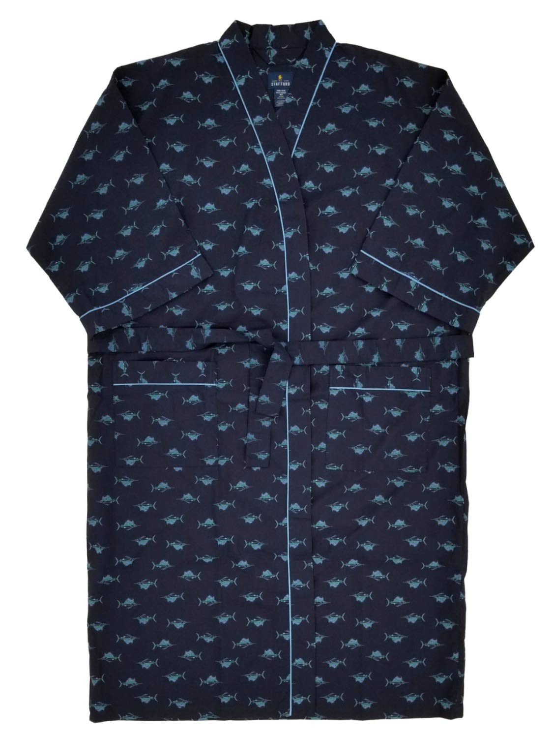 Men's Navy Blue Marlin Sailfish Woven Kimono Robe - Soft Cotton Housecoat & Bathrobe (One Size Fits Most) - Perfect for Spa, Beach Cover-Up & Lounging at Home