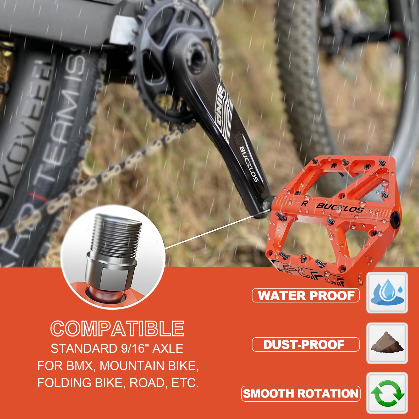 BUCKLOS Mountain Bike Pedals - Non-Slip MTB Pedals for Adults, 9/16