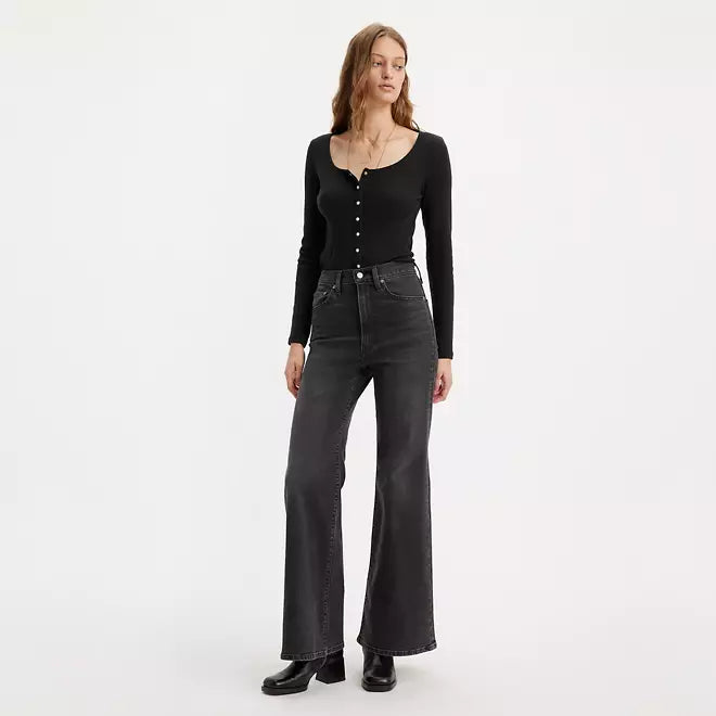 Levi's Women's Ribcage Bell Bottom Jeans - Distressed Black Denim for Casual & Retro Outfits
