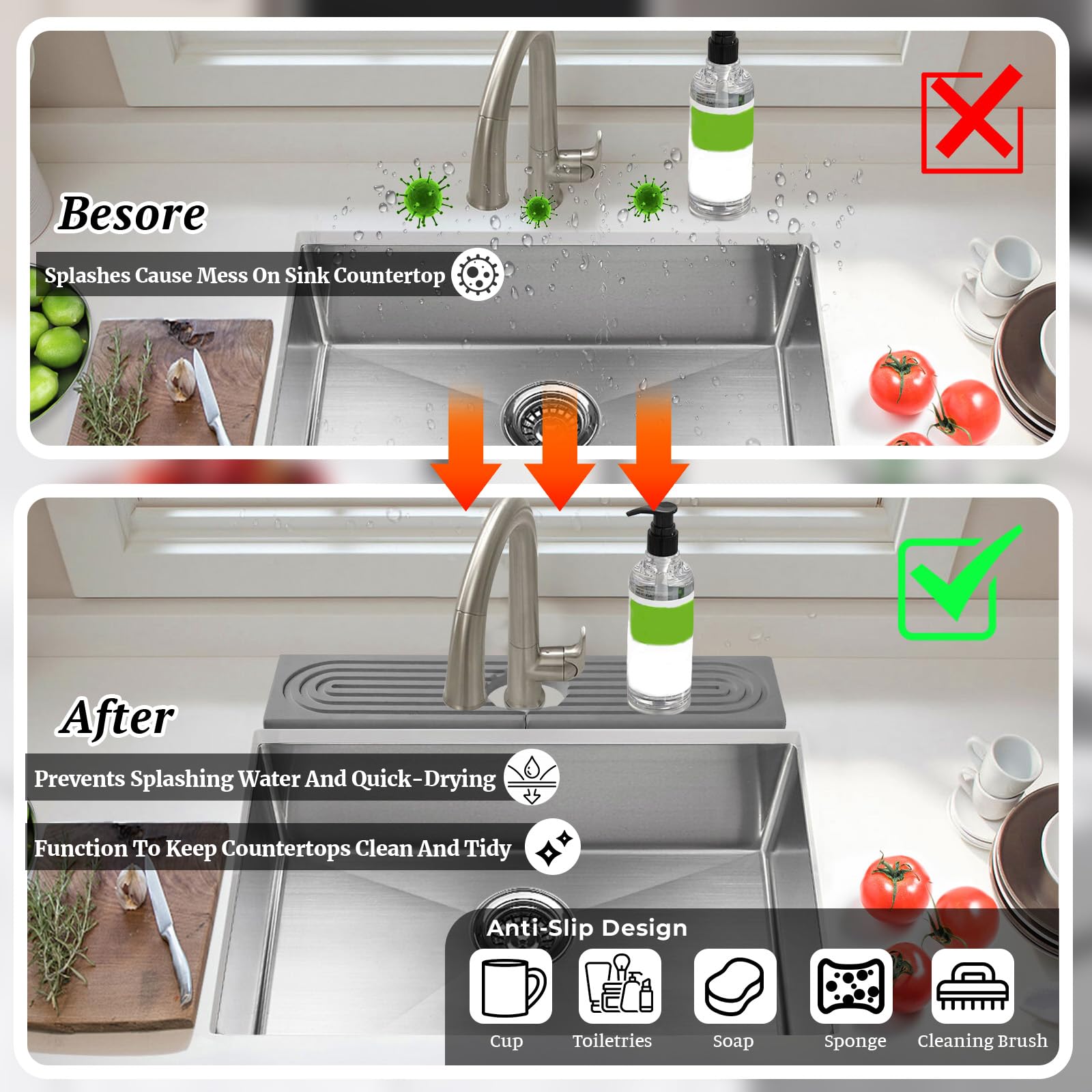 Premium Diatomite Sink Splash Guard & Fast-Drying Stone Tray (15.7