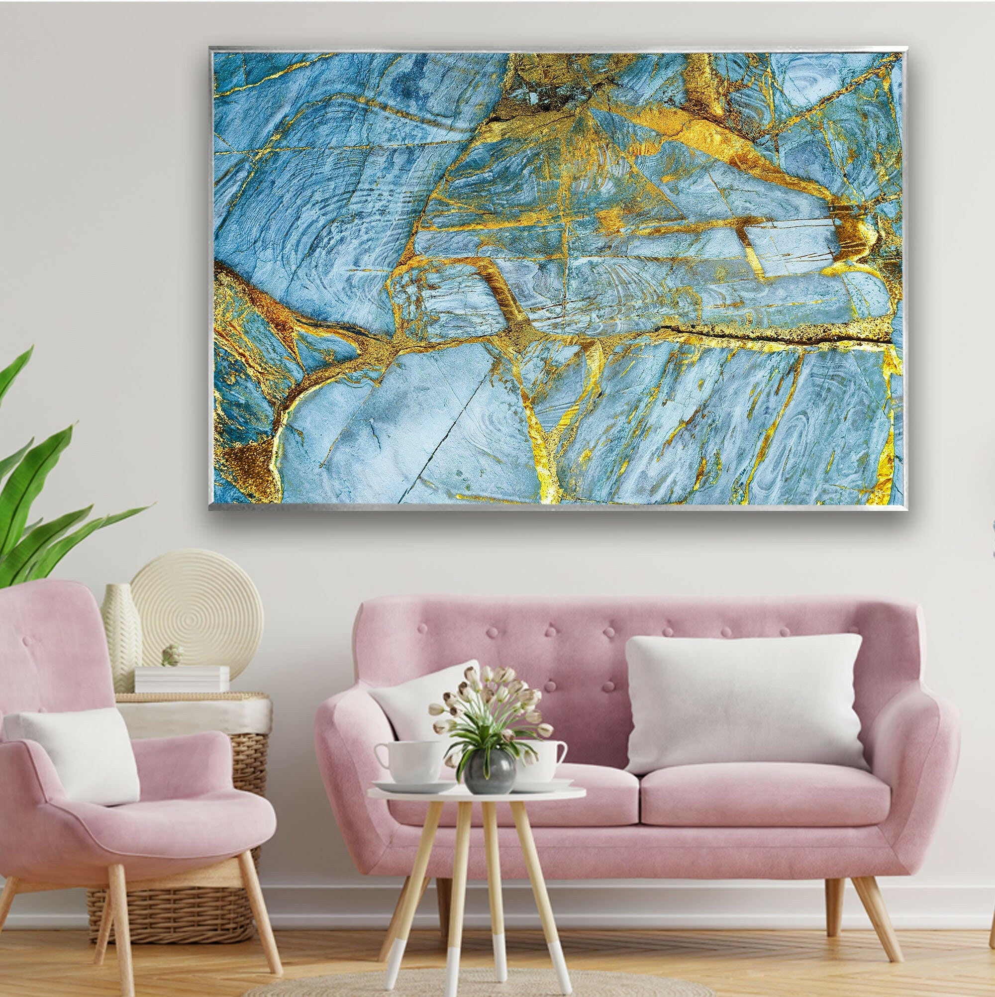 Blue Abstract Marble Art Glass Wall Decor - Modern Handmade Glass Wall Art for Living Room, Bedroom & Office Decor